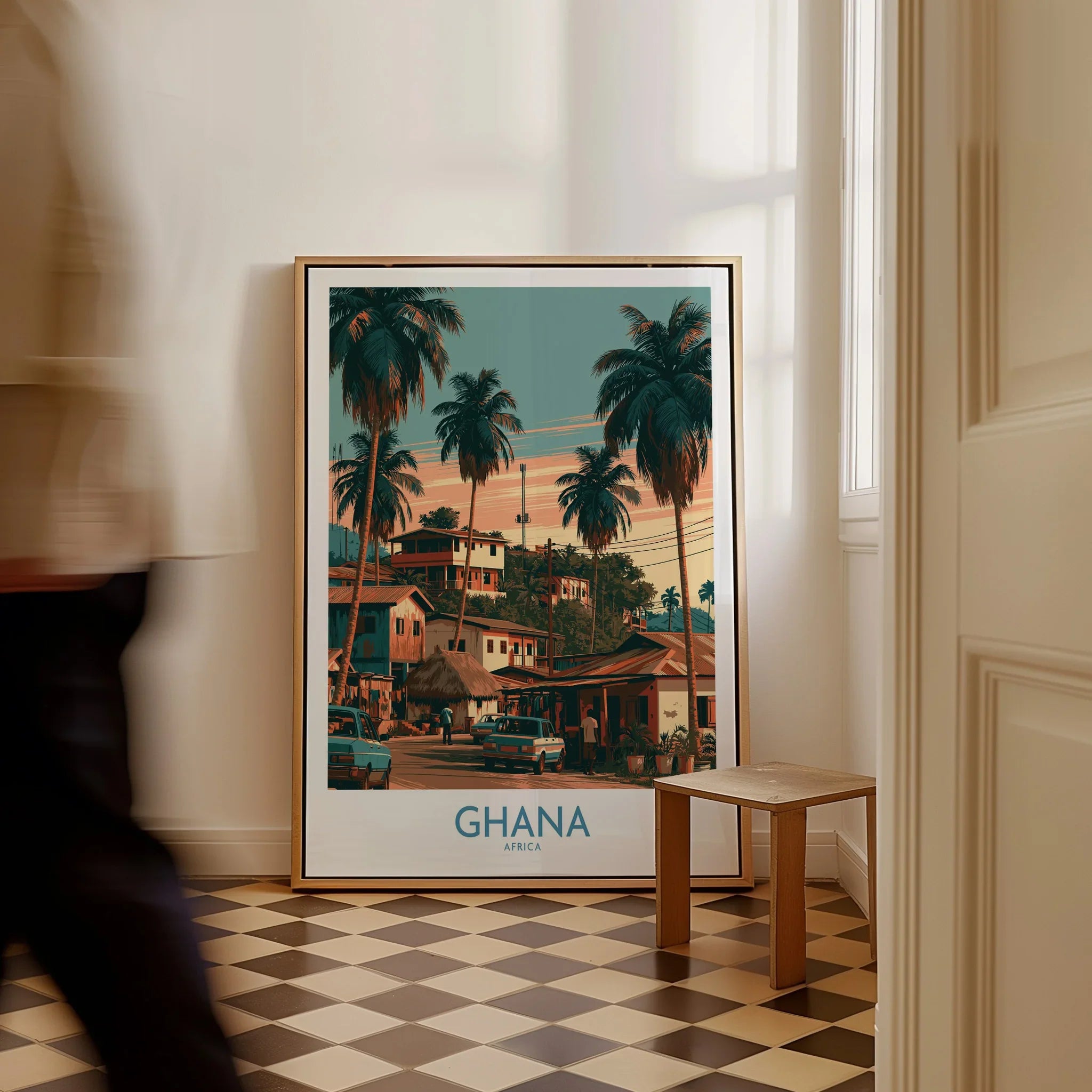 Ghana Palm Street Wall Art — framed canvas on floor man walking past