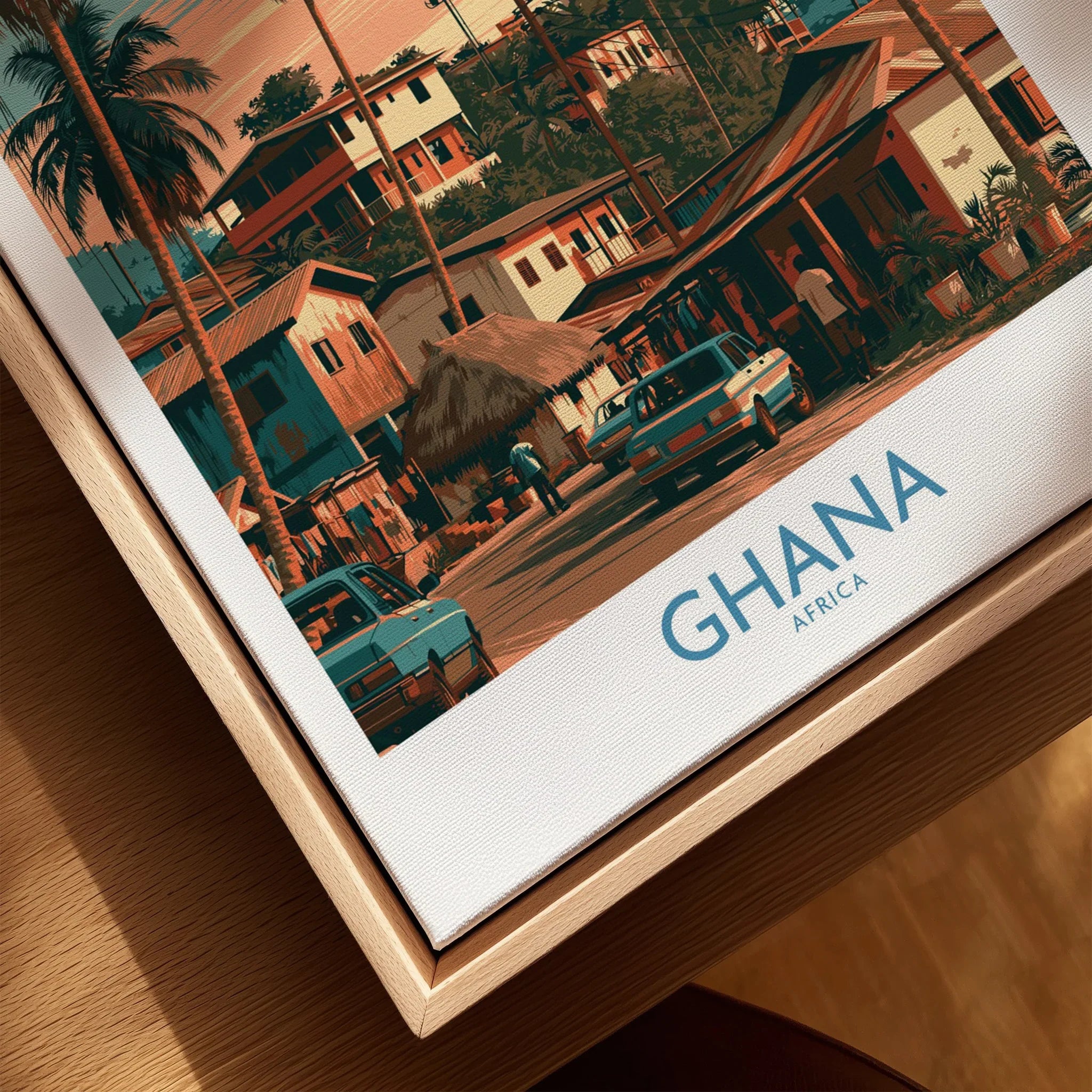 Ghana Palm Street Wall Art — closeup framed canvas natural wood floating frame