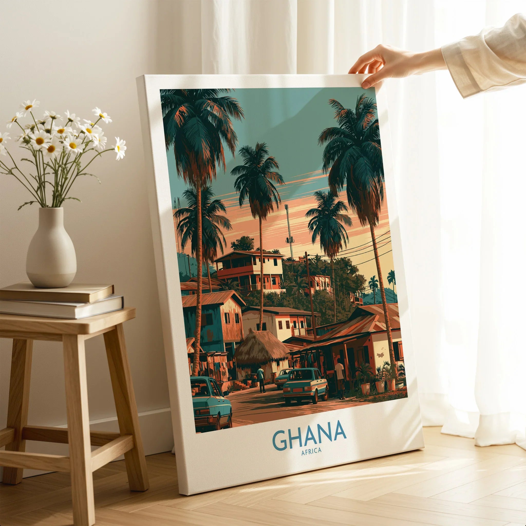 Ghana Palm Street Wall Art — canvas print mirror edge hand holding room setting