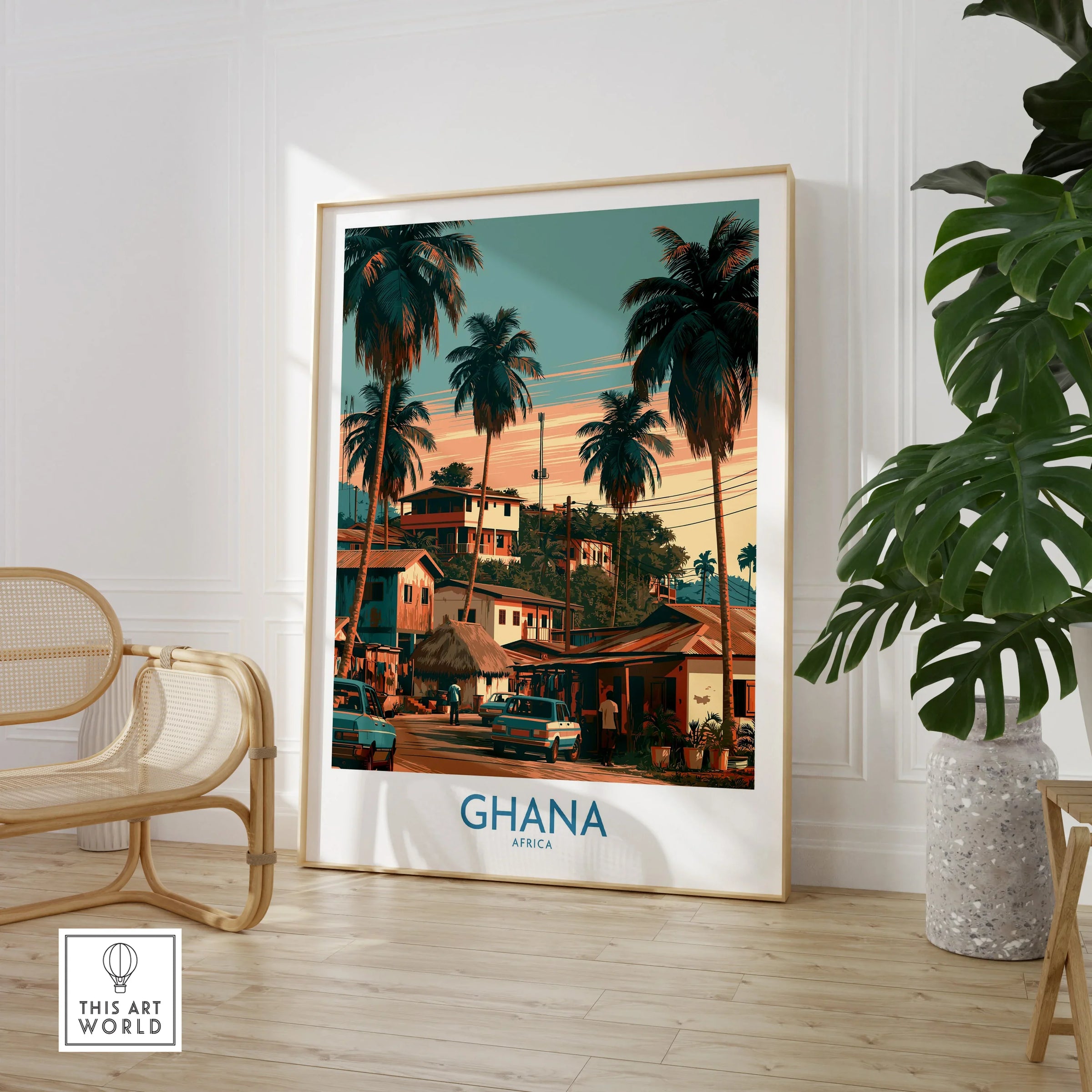 Ghana Palm Street Wall Art — large framed print room setting chair plant