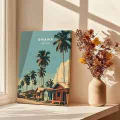 Ghana Coastal Village Travel Poster — canvas print window setting with shadows flowers