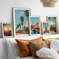 Ghana Coastal Village Travel Poster — set five framed artprints above bed natural wood frames
