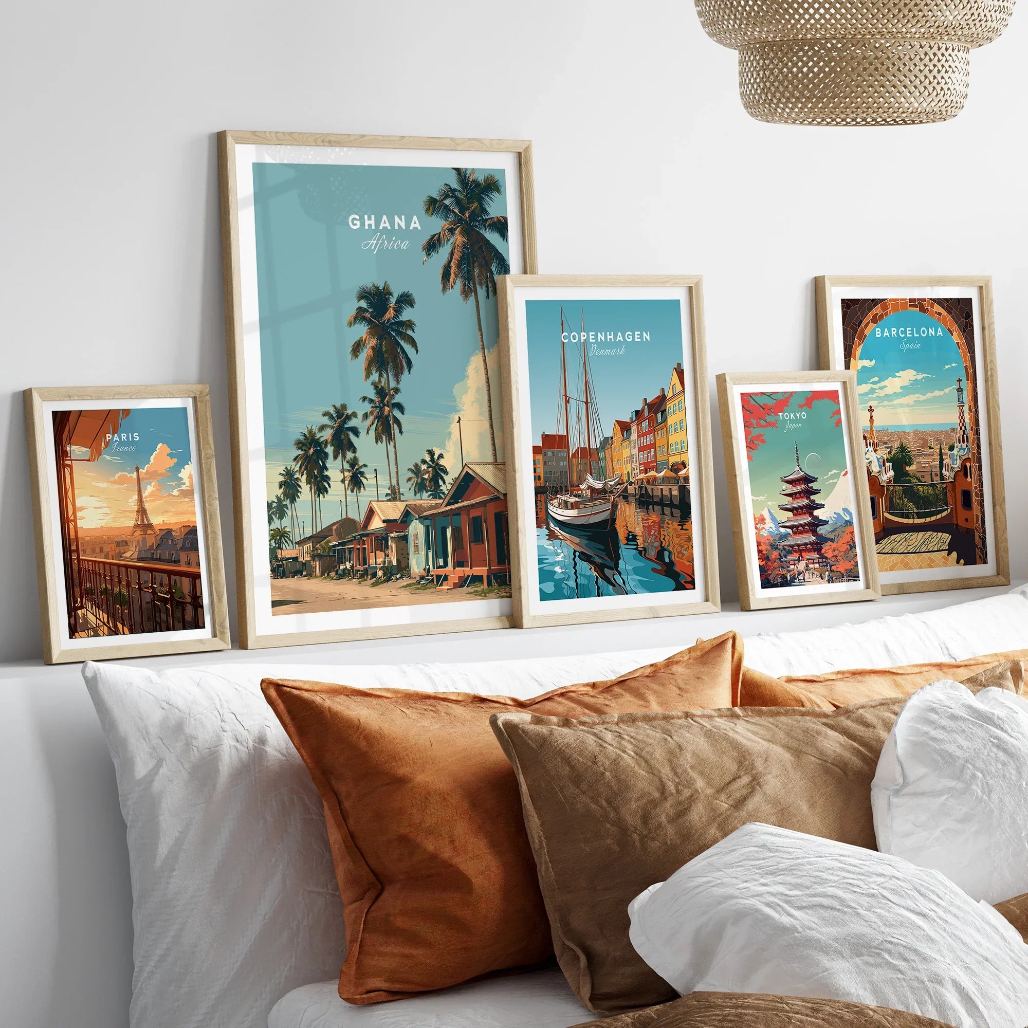 Ghana Coastal Village Travel Poster — set five framed artprints above bed natural wood frames