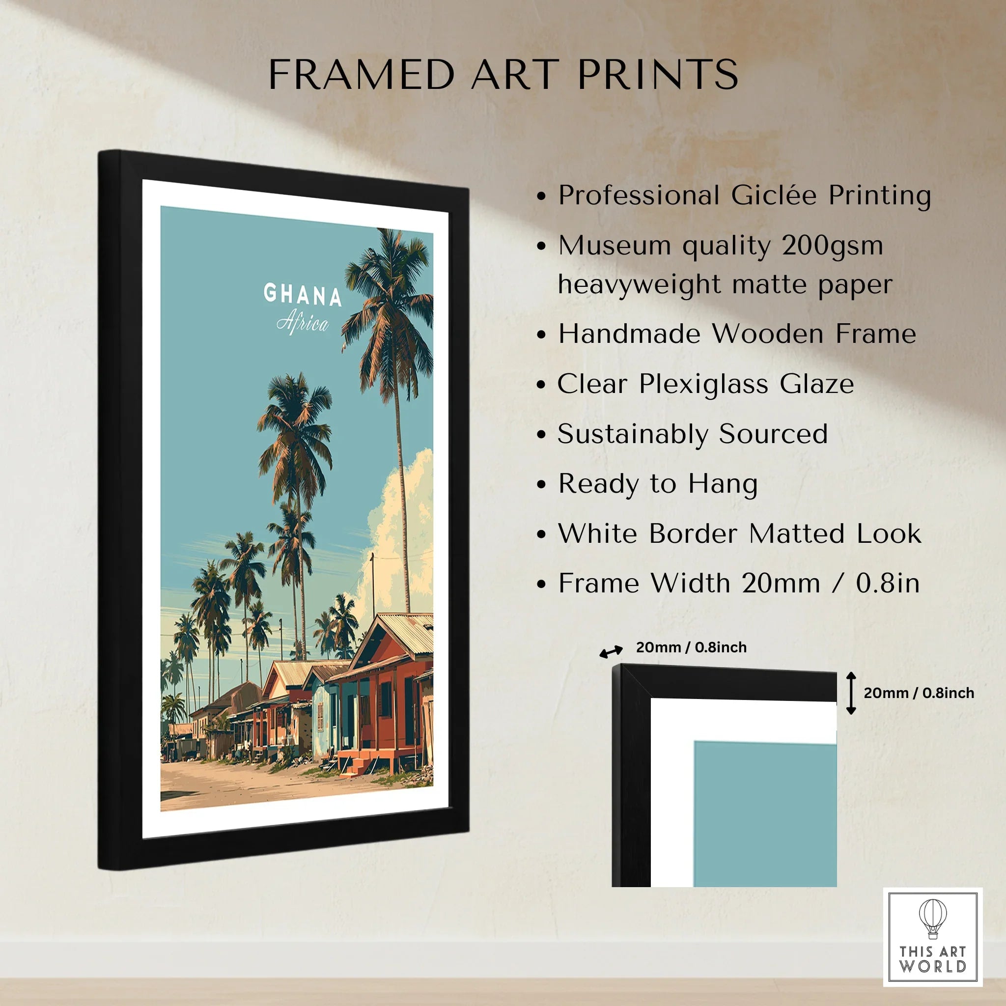 Ghana Coastal Village Travel Poster — framed print details measurements quality details
