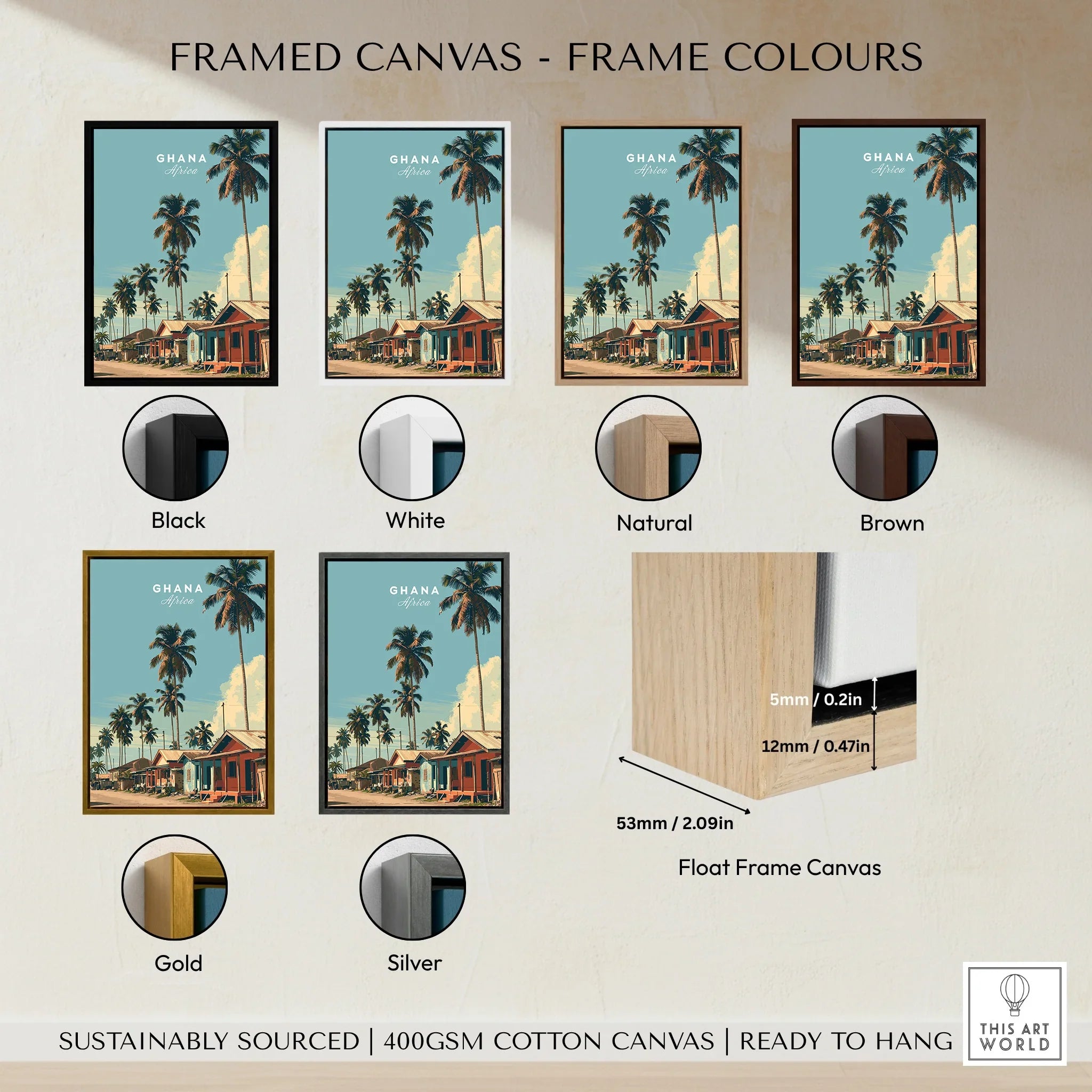 Ghana Coastal Village Travel Poster — framed canvas float frame colour options