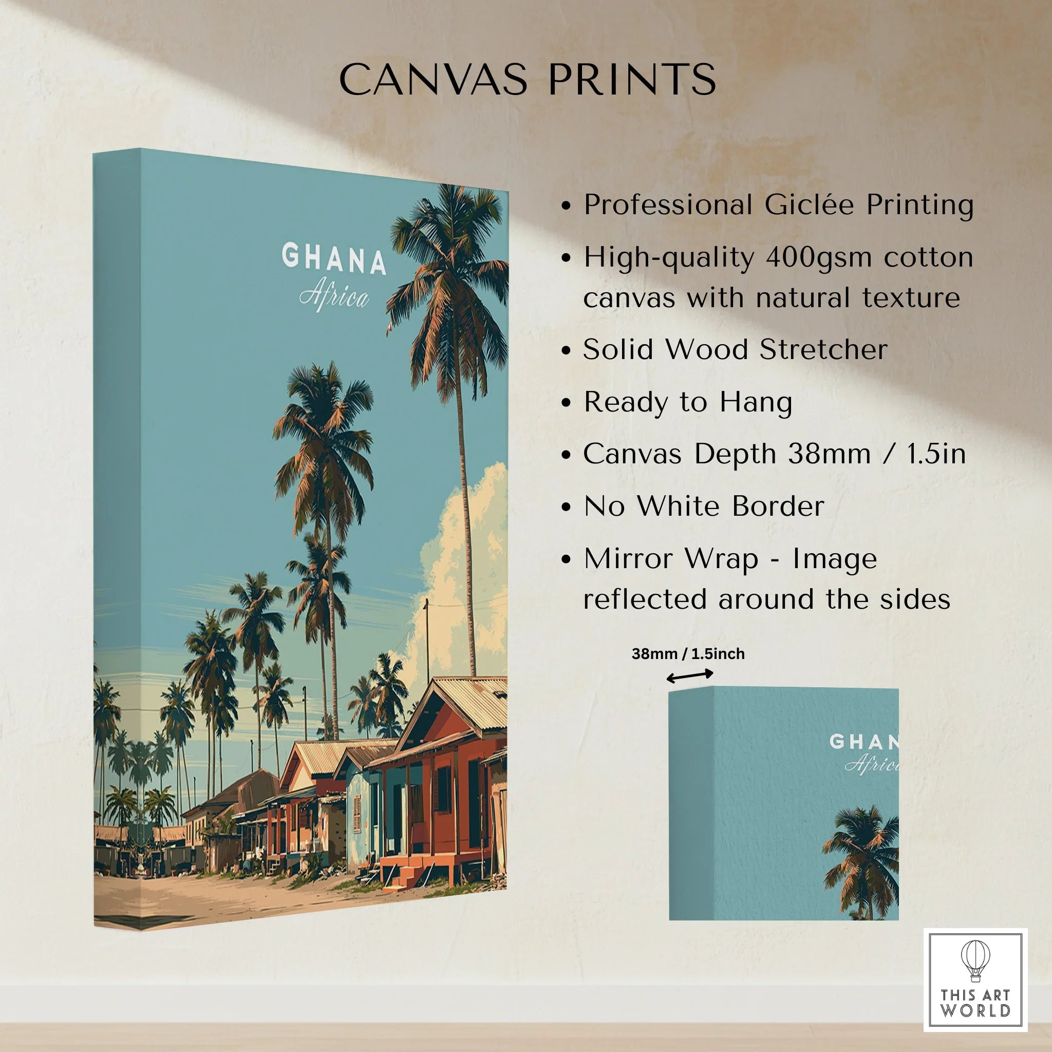 Ghana Coastal Village Travel Poster — canvas print stretched cotton canvas details