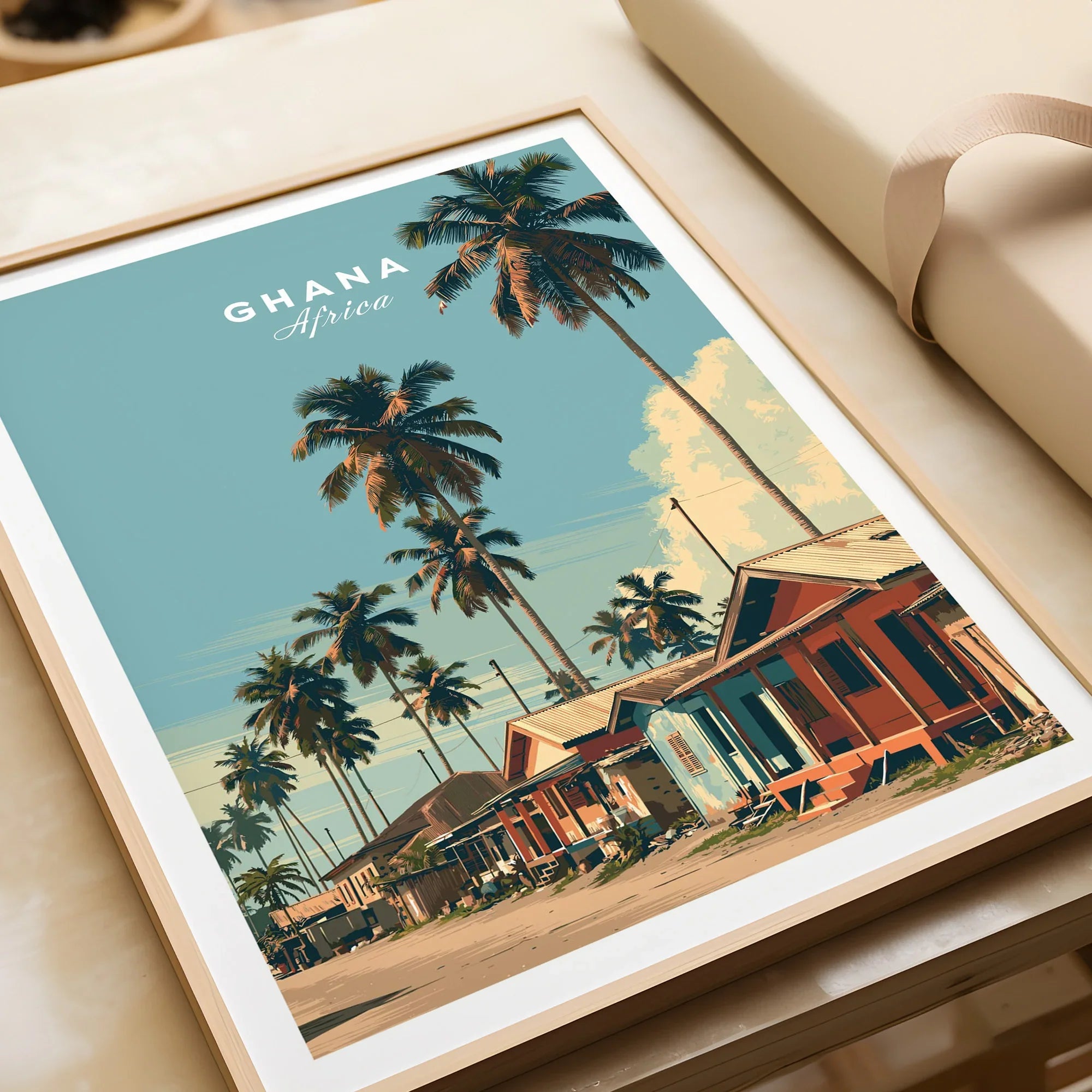 Ghana Coastal Village Travel Poster — framed art print closeup gift unwrapped natural frame