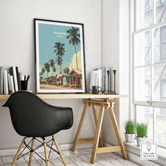 Ghana Coastal Village Travel Poster — framed poster black frame on office desk modern