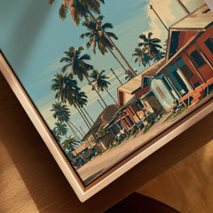 Ghana Coastal Village Travel Poster — closeup framed canvas natural wood floating frame