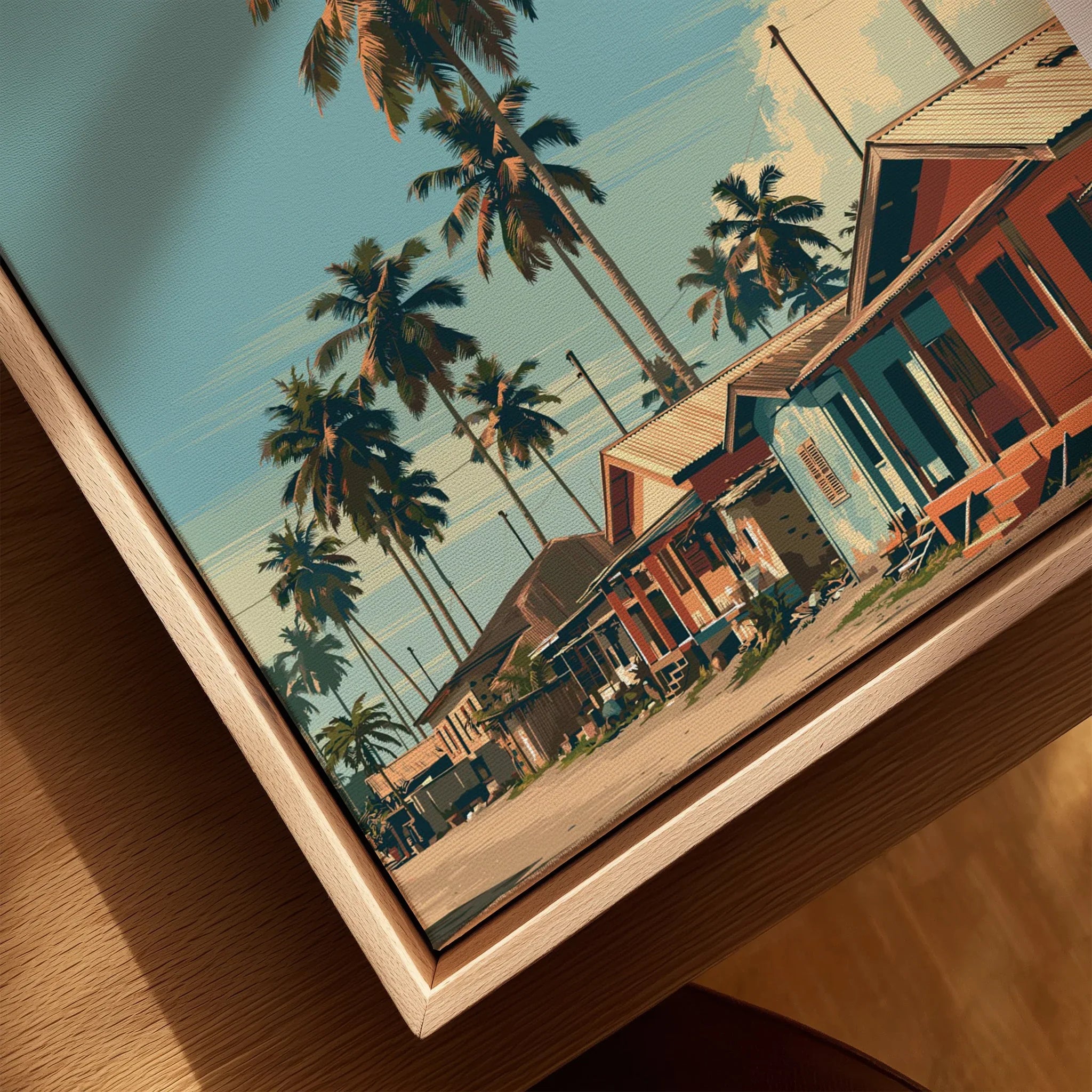 Ghana Coastal Village Travel Poster — closeup framed canvas natural wood floating frame