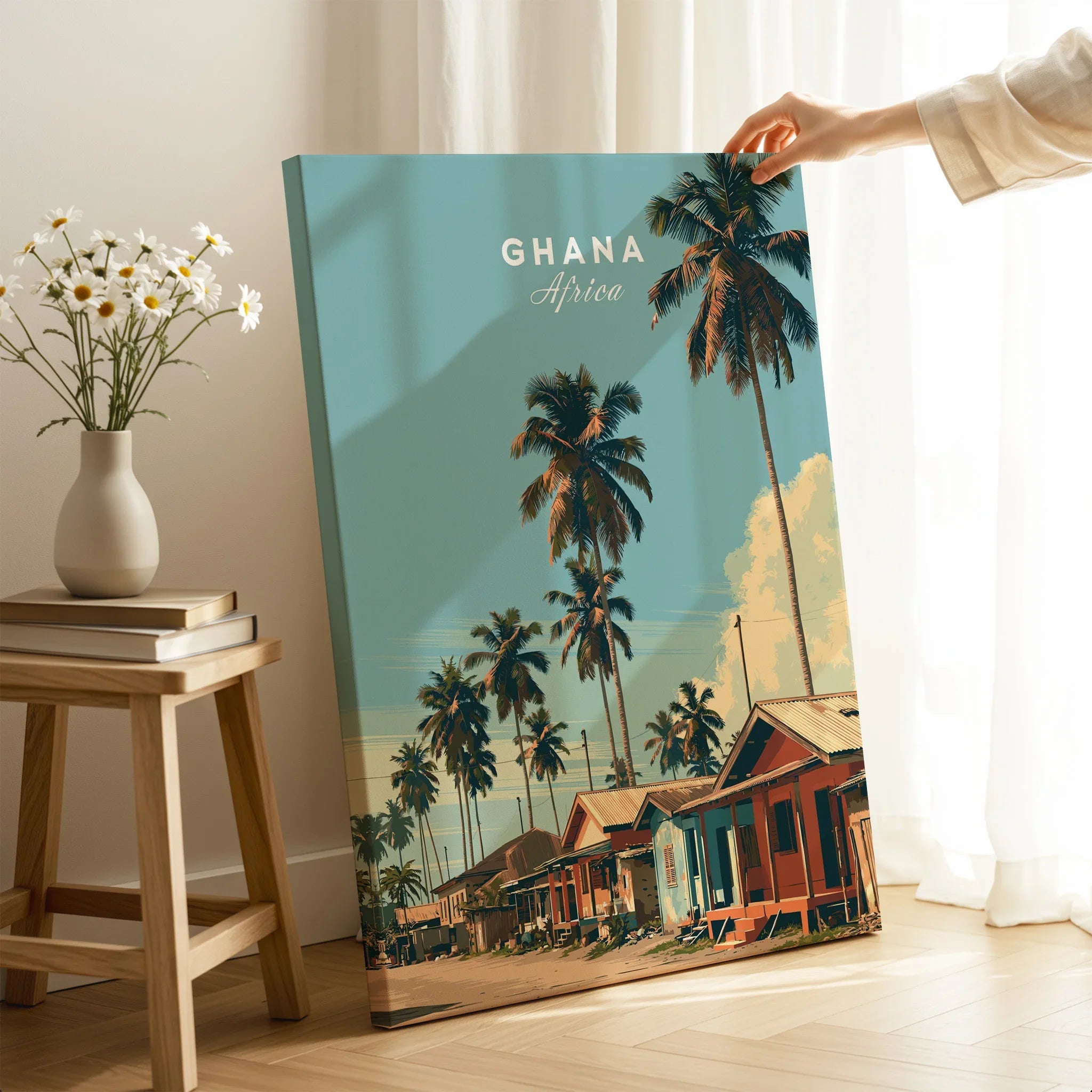 Ghana Coastal Village Travel Poster — canvas print mirror edge hand holding room setting