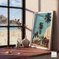 Ghana Coastal Village Travel Poster — framed print window view natural wood frame