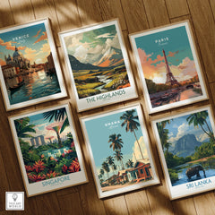 Ghana Coastal Village Travel Poster — set six framed art prints wooden floor natural wood frames
