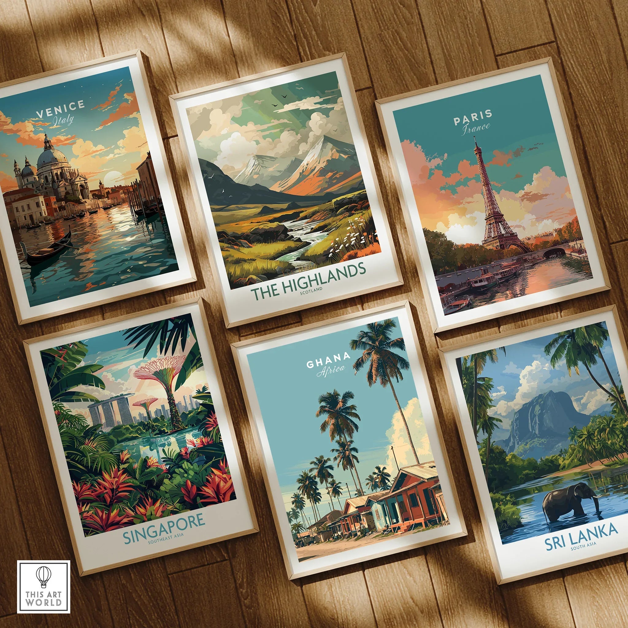 Ghana Coastal Village Travel Poster — set six framed art prints wooden floor natural wood frames