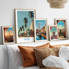 Ghana Palm Village Wall Art — set five framed artprints above bed natural wood frames