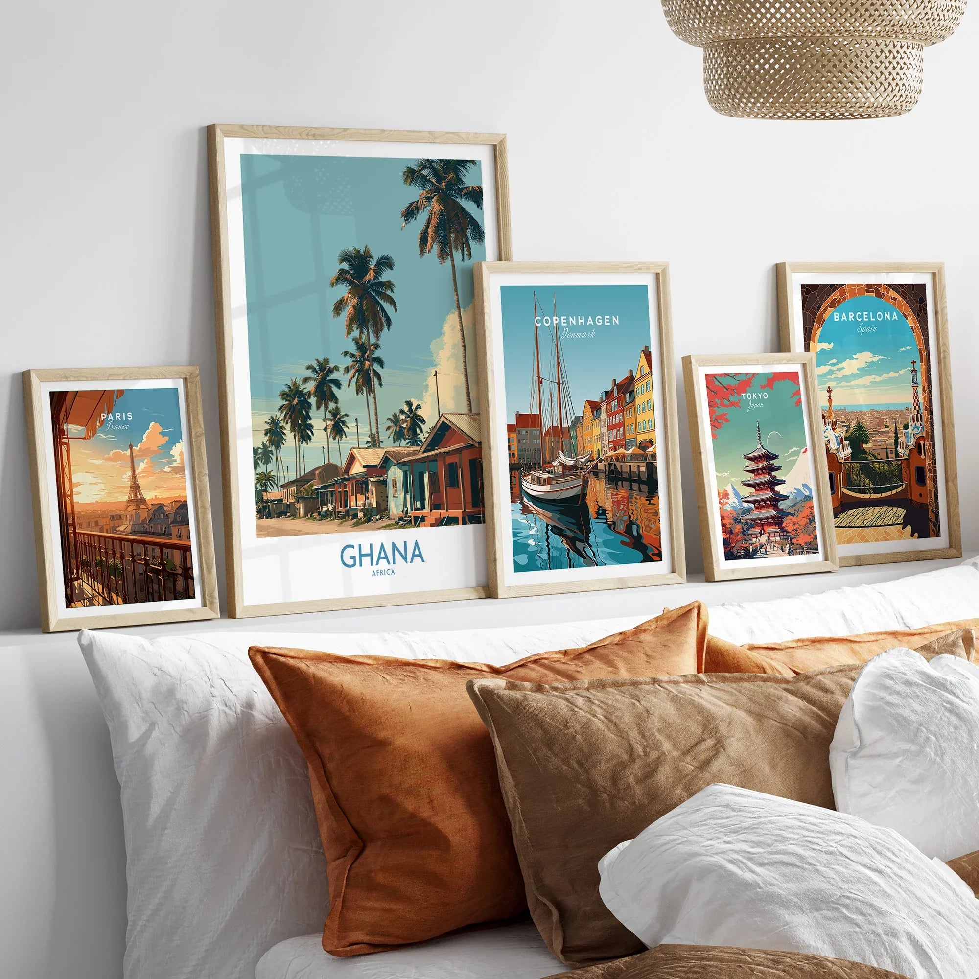 Ghana Palm Village Wall Art — set five framed artprints above bed natural wood frames