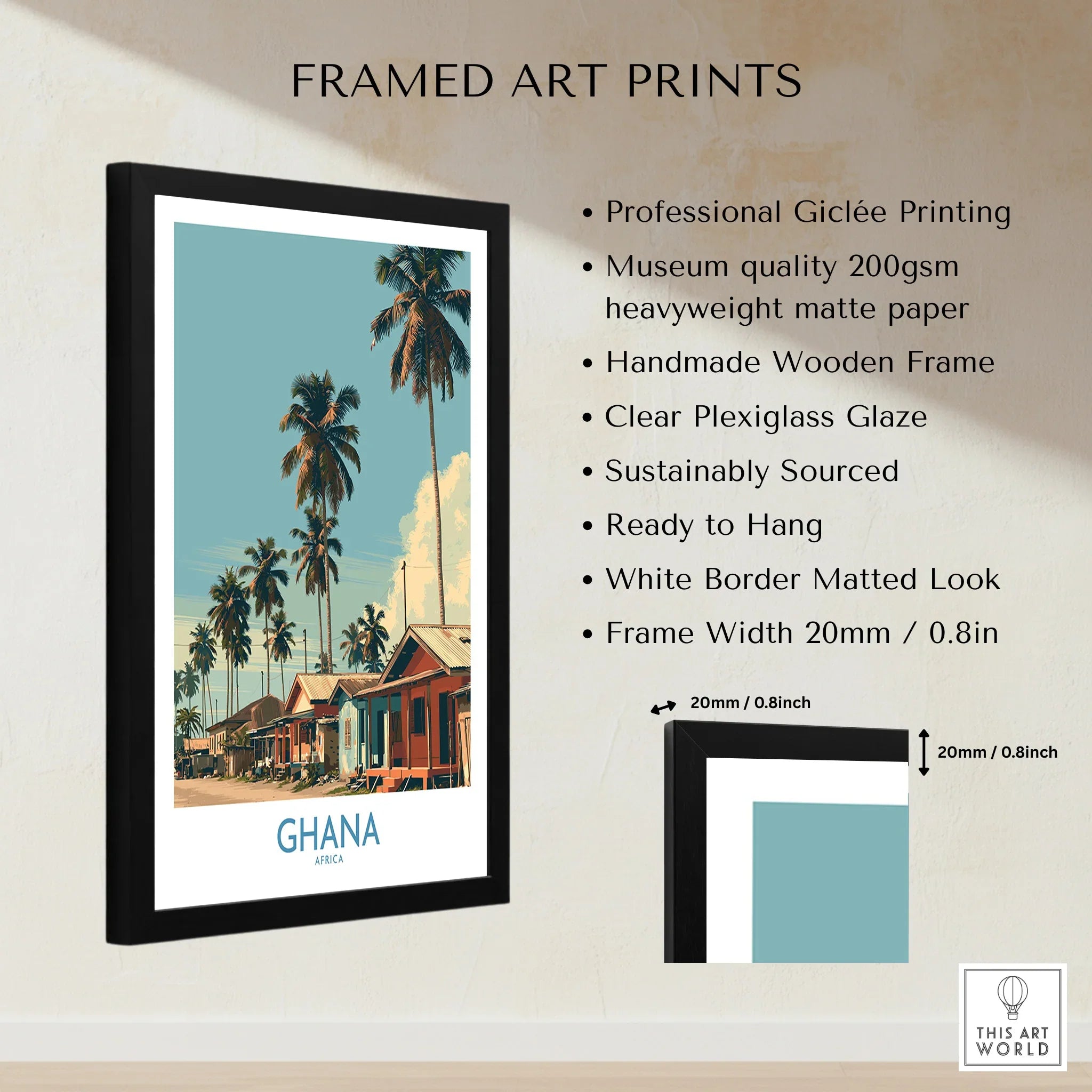 Ghana Palm Village Wall Art — framed print details measurements quality details