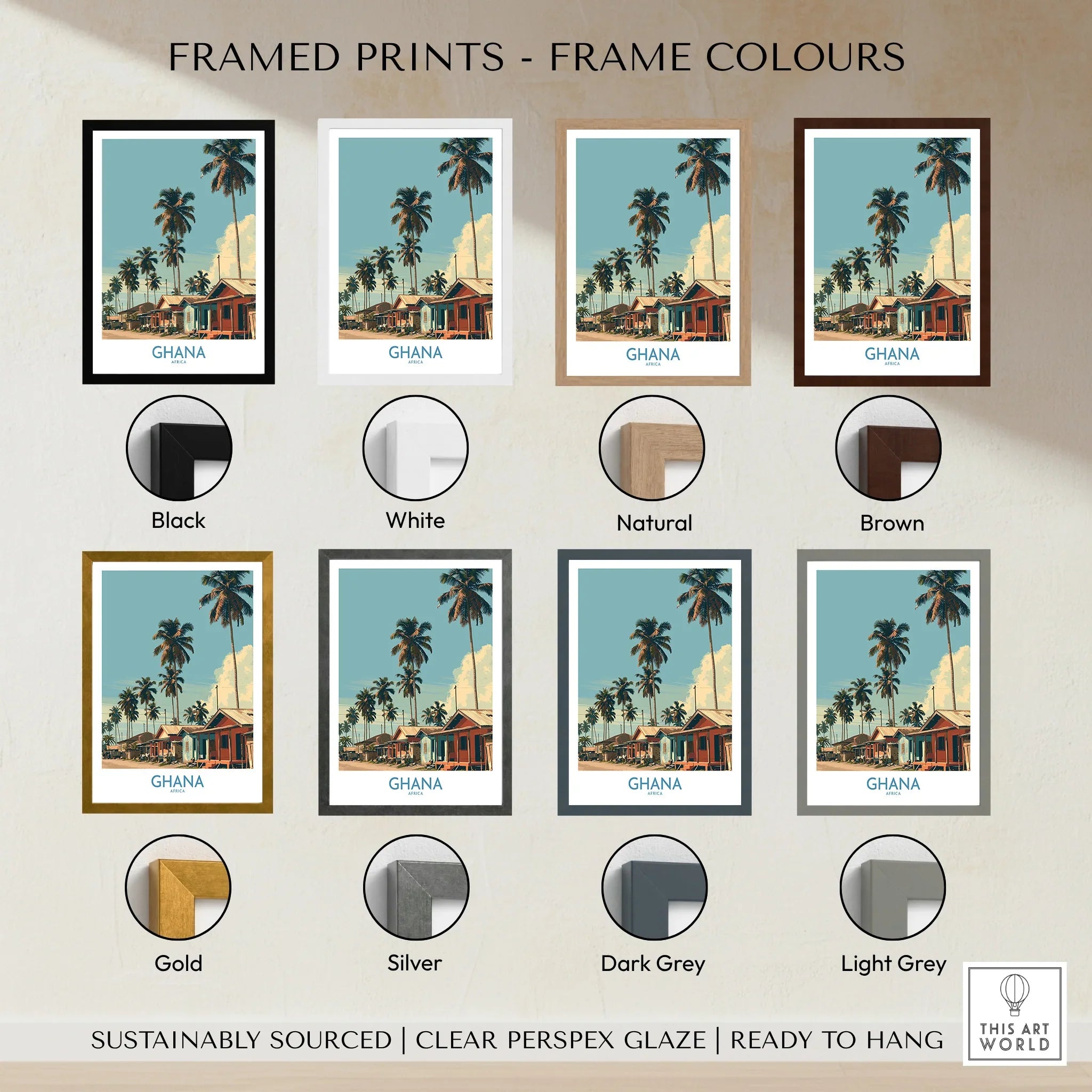 Ghana Palm Village Wall Art — framed print colour options