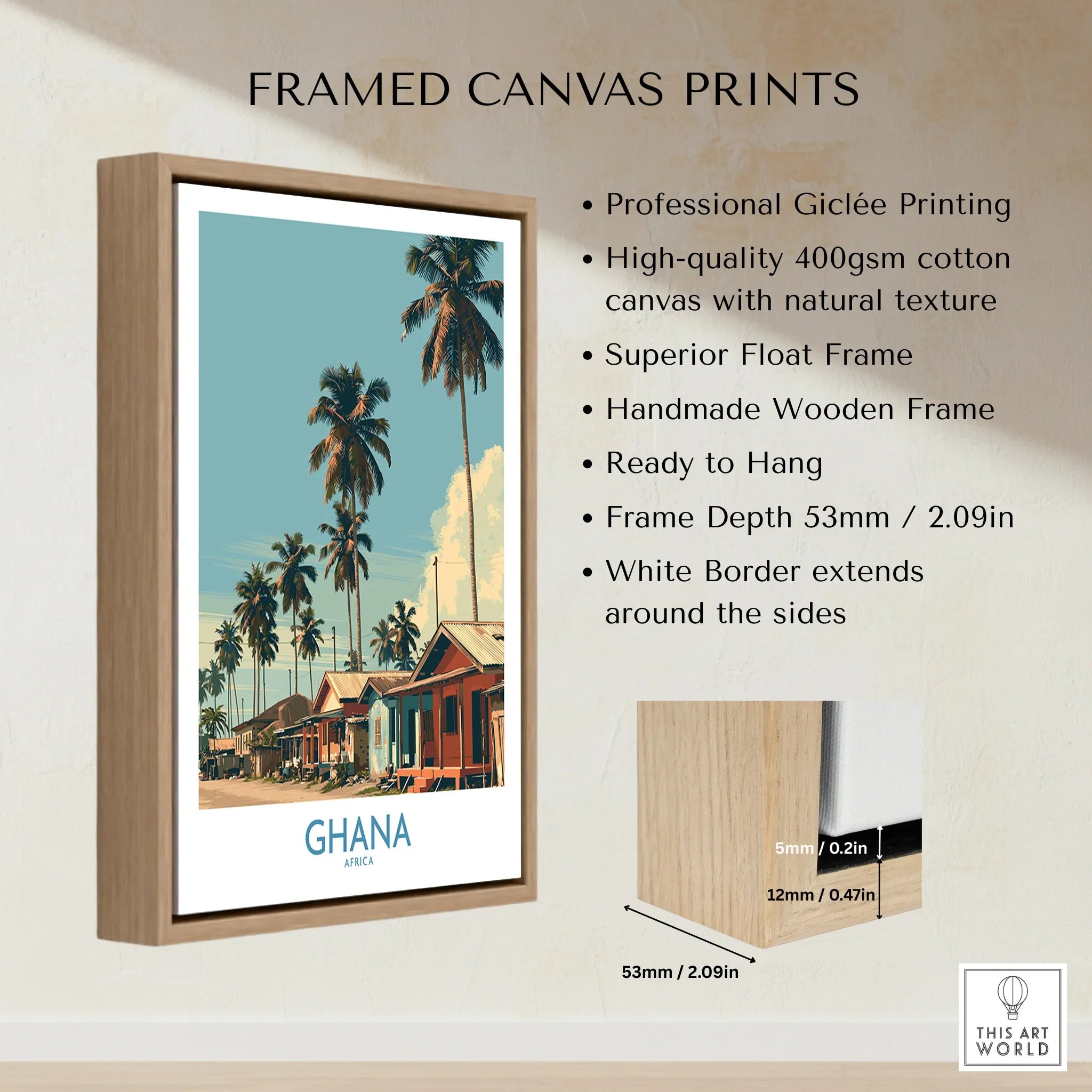 Ghana Palm Village Wall Art — framed canvas float frame details quality