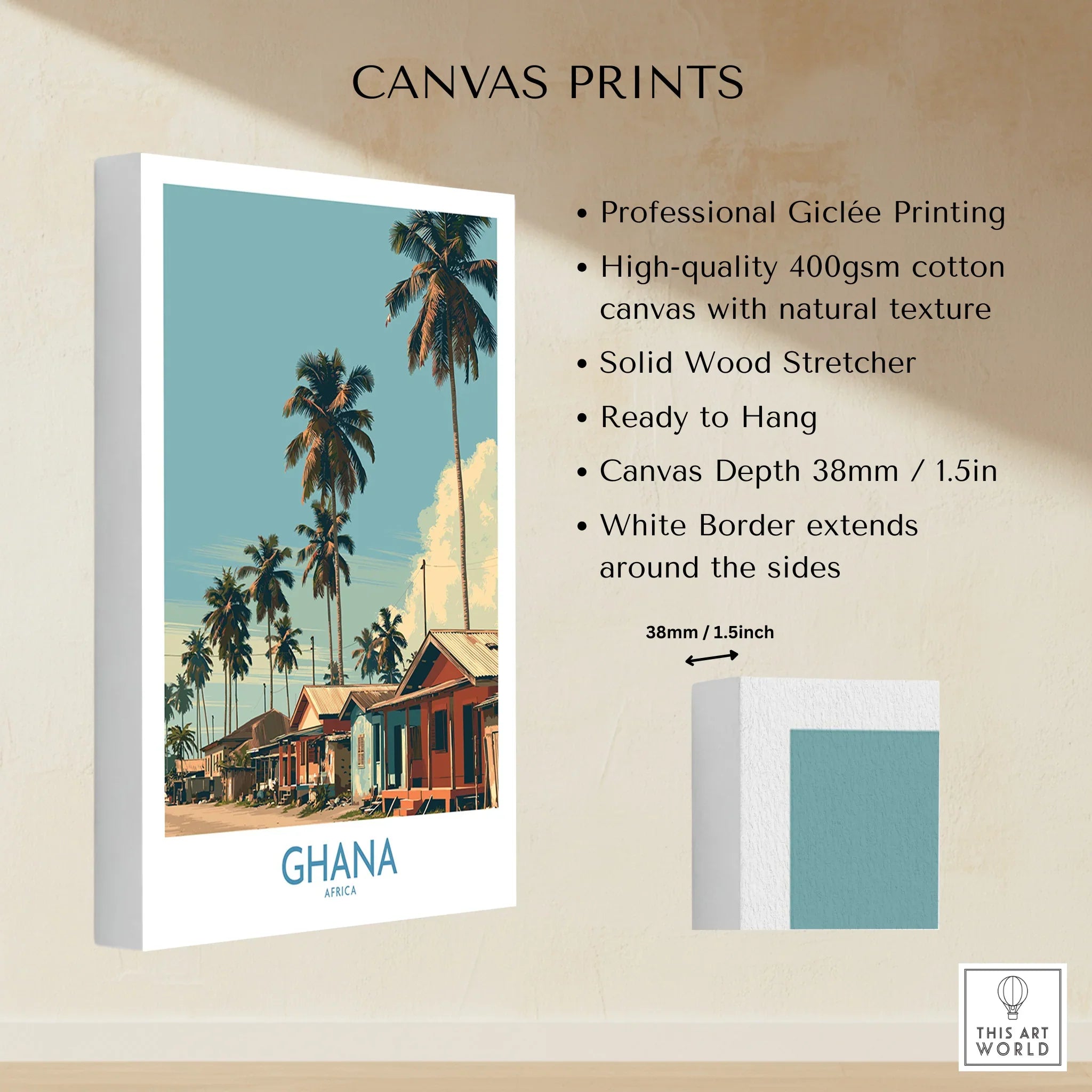 Ghana Palm Village Wall Art — canvas print stretched cotton canvas details