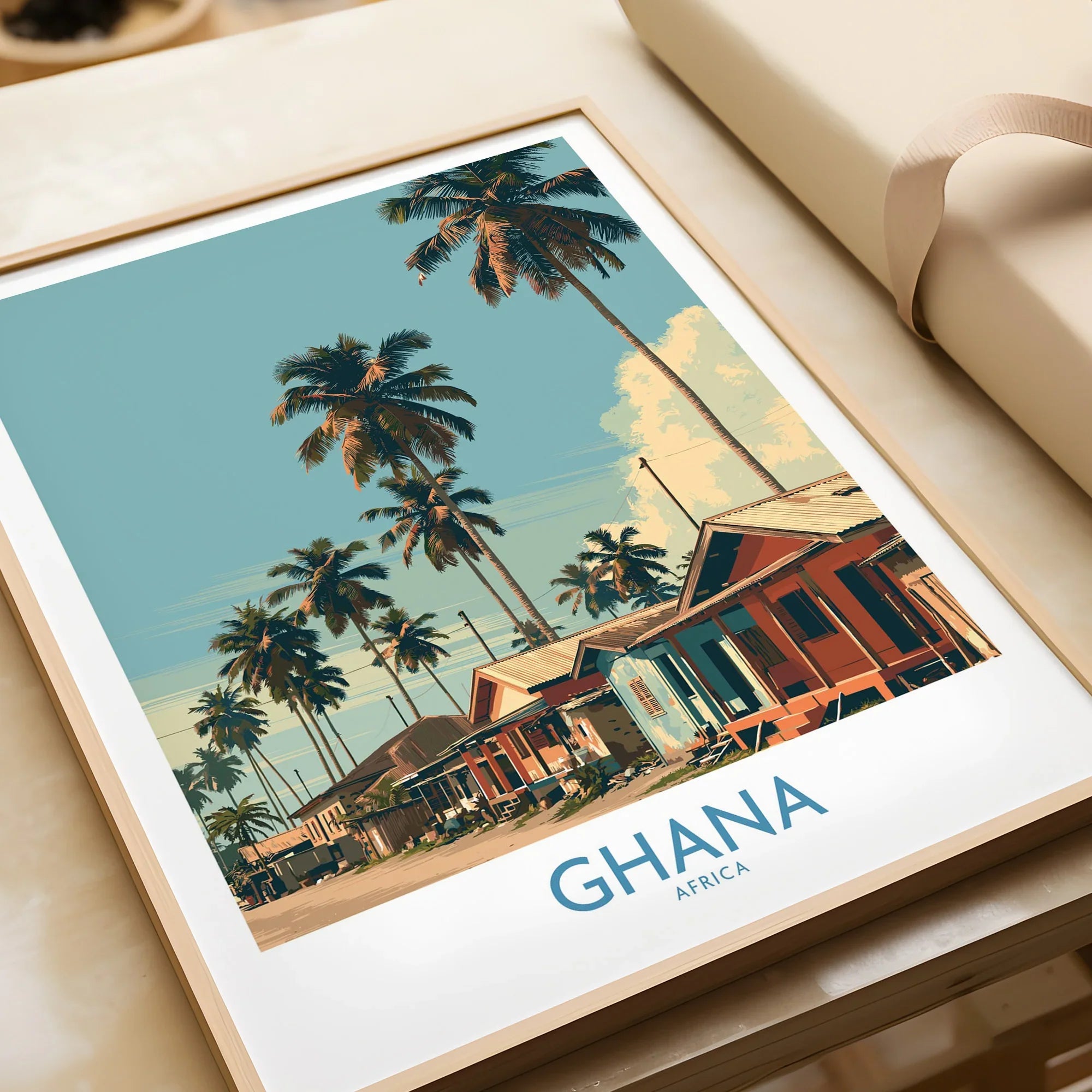 Ghana Palm Village Wall Art — framed art print closeup gift unwrapped natural frame