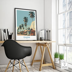 Ghana Palm Village Wall Art — framed poster black frame on office desk modern