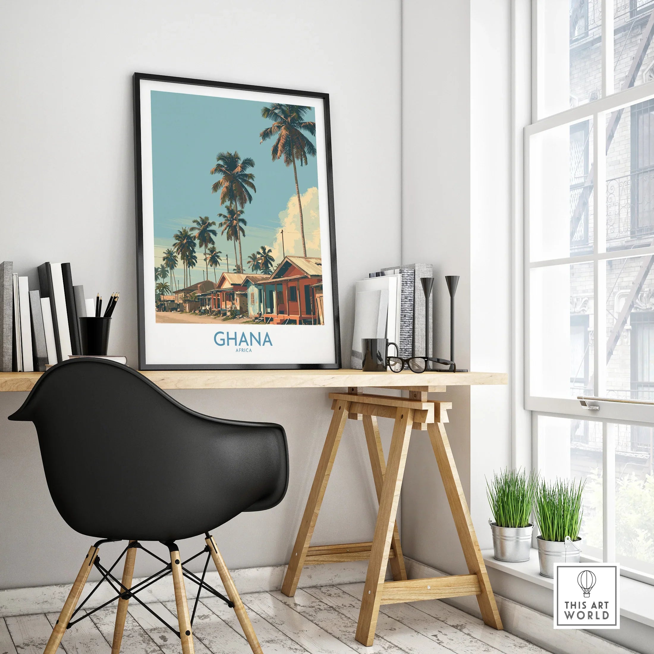 Ghana Palm Village Wall Art — framed poster black frame on office desk modern