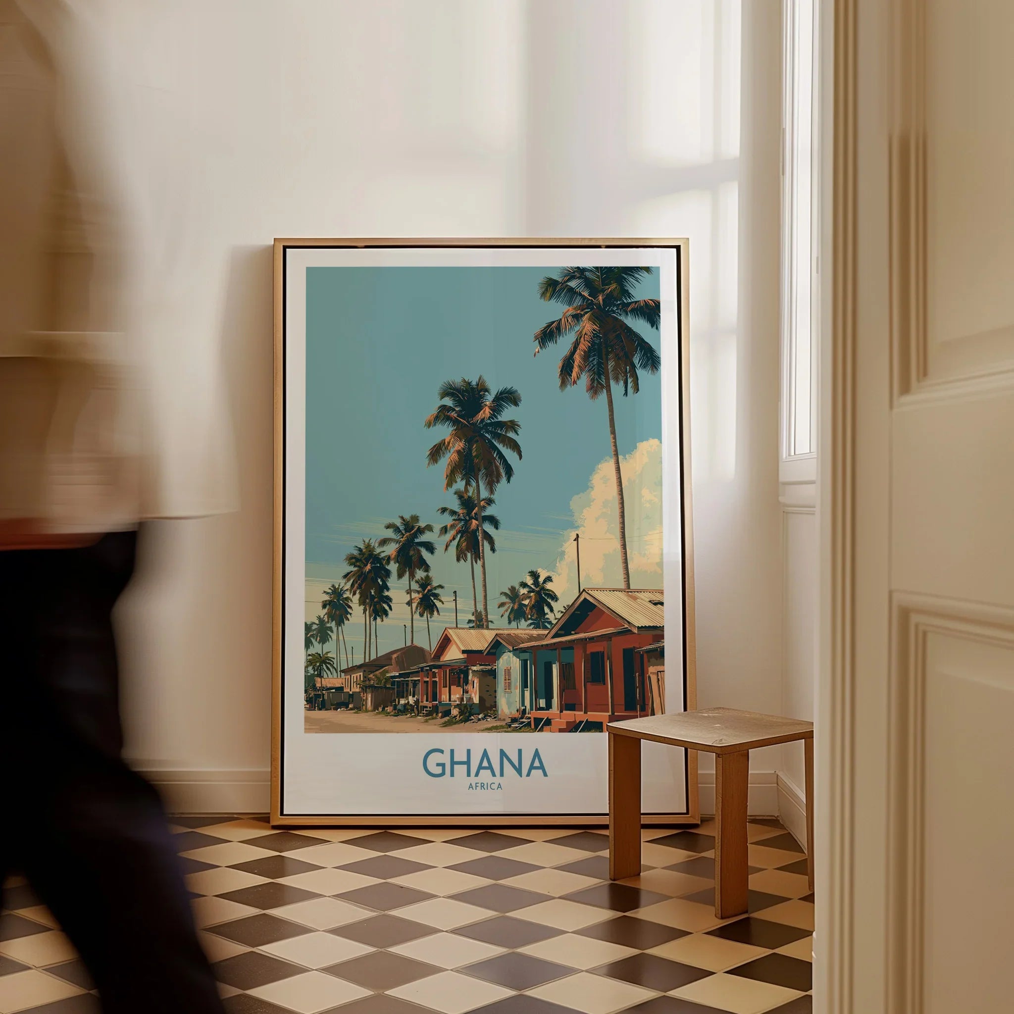 Ghana Palm Village Wall Art — framed canvas on floor man walking past
