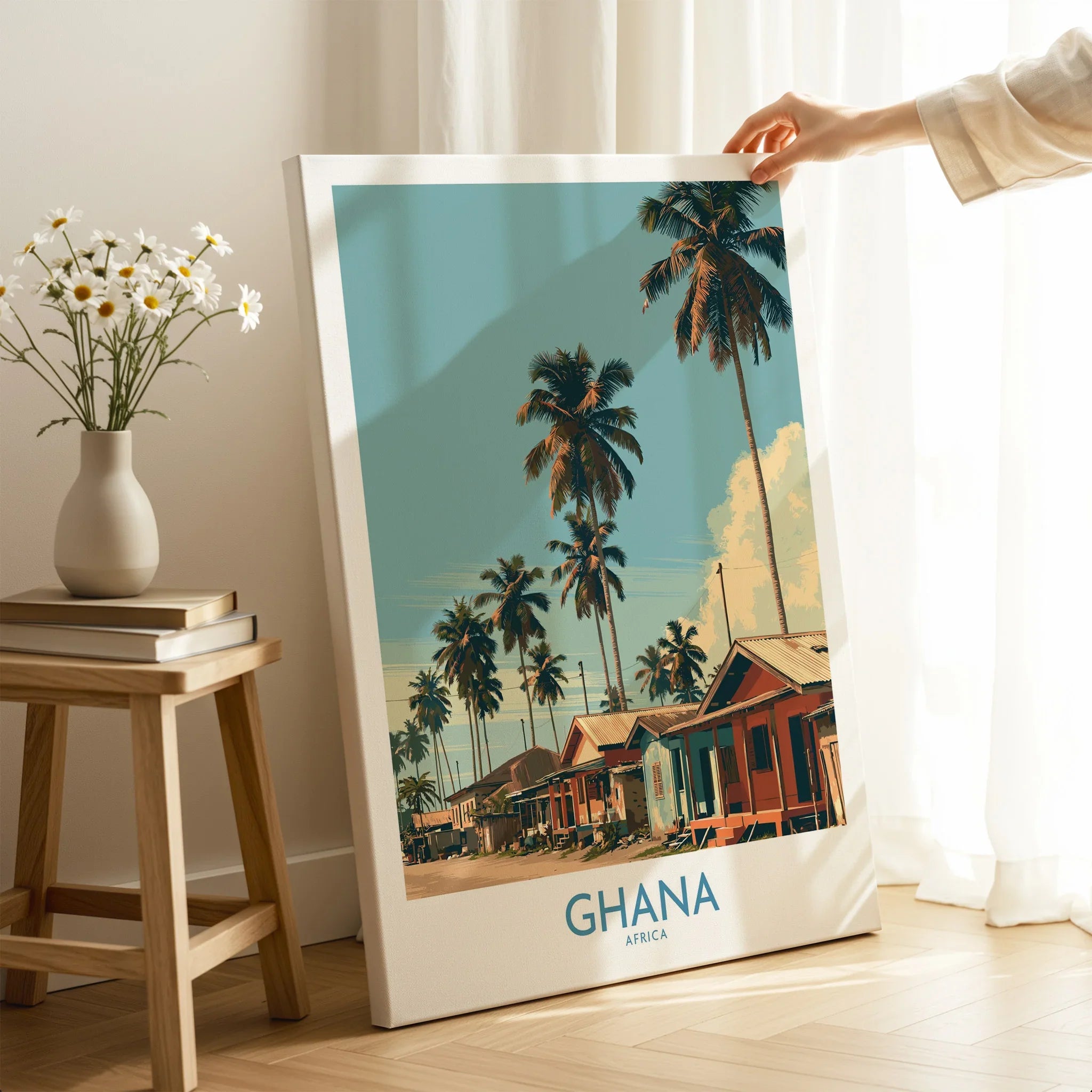 Ghana Palm Village Wall Art — canvas print mirror edge hand holding room setting
