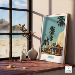 Ghana Palm Village Wall Art — framed print window view natural wood frame