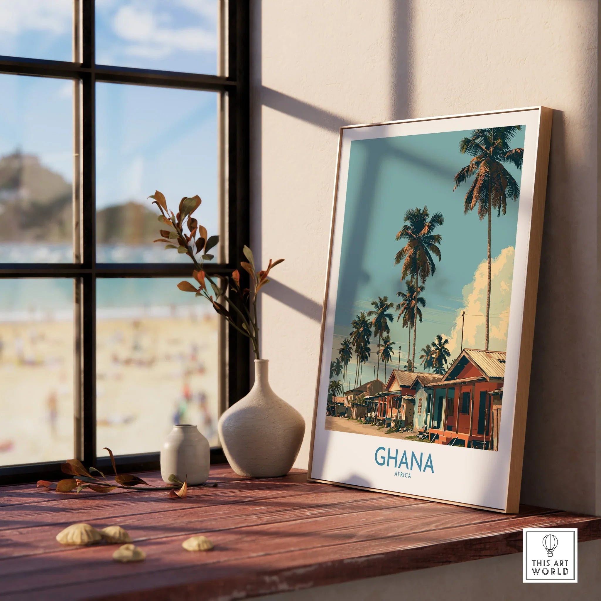 Ghana Palm Village Wall Art — framed print window view natural wood frame