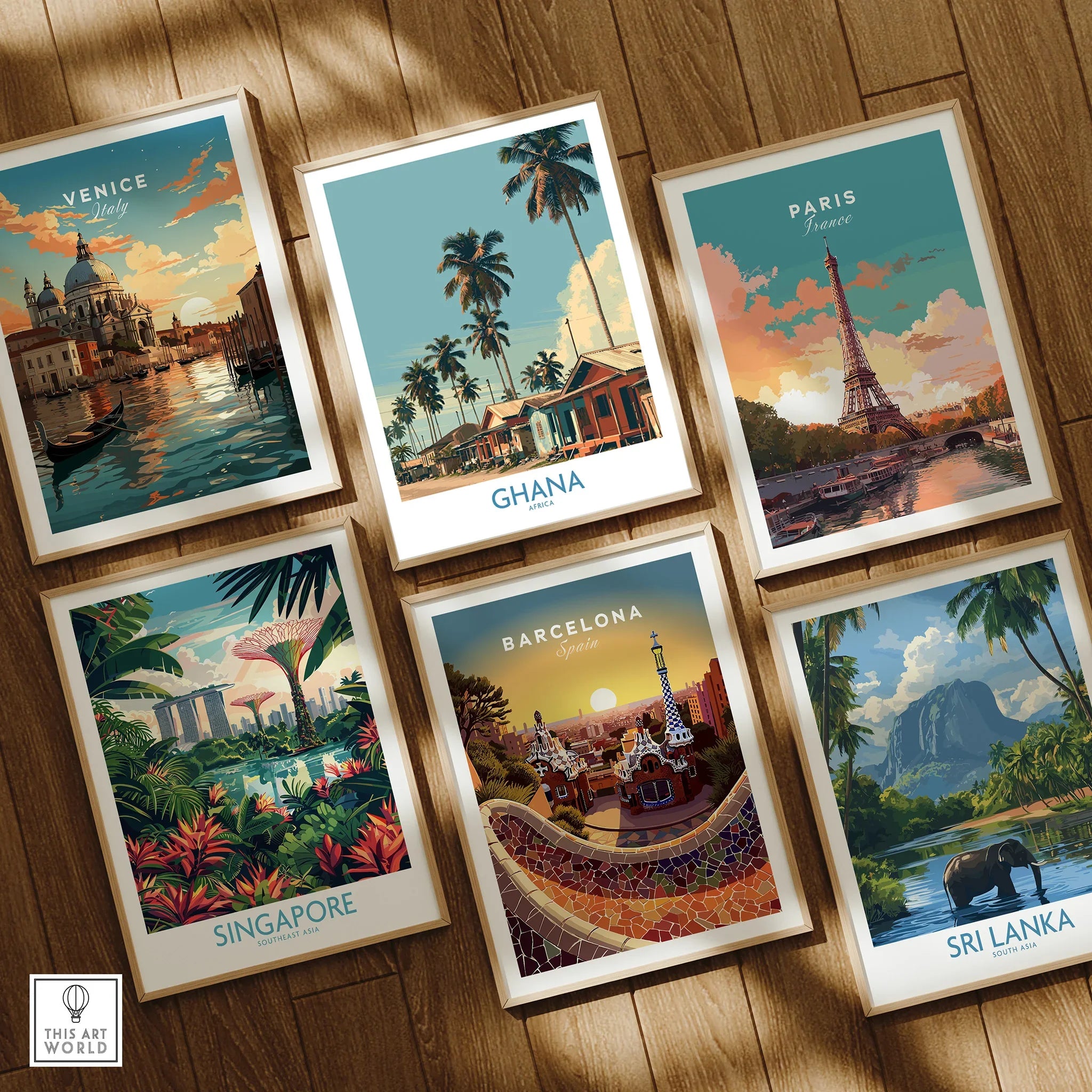 Ghana Palm Village Wall Art — set six framed art prints wooden floor natural wood frames