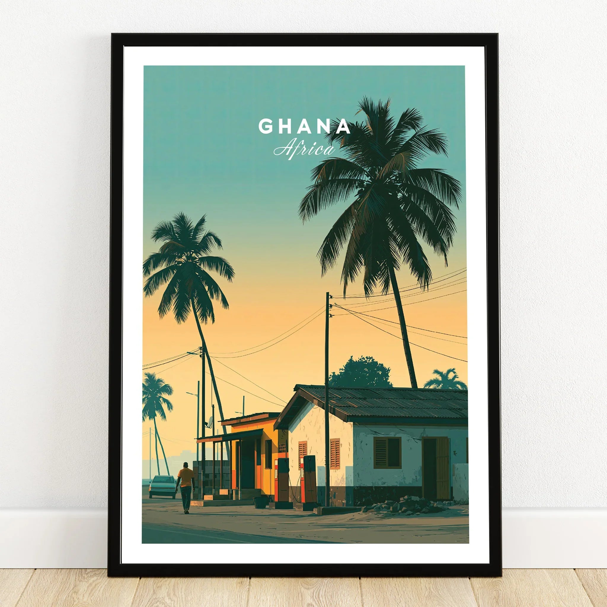 Ghana Palm Sunset Travel Poster — art print in black frame on wooden floor
