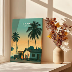 Ghana Palm Sunset Travel Poster — canvas print window setting with shadows flowers