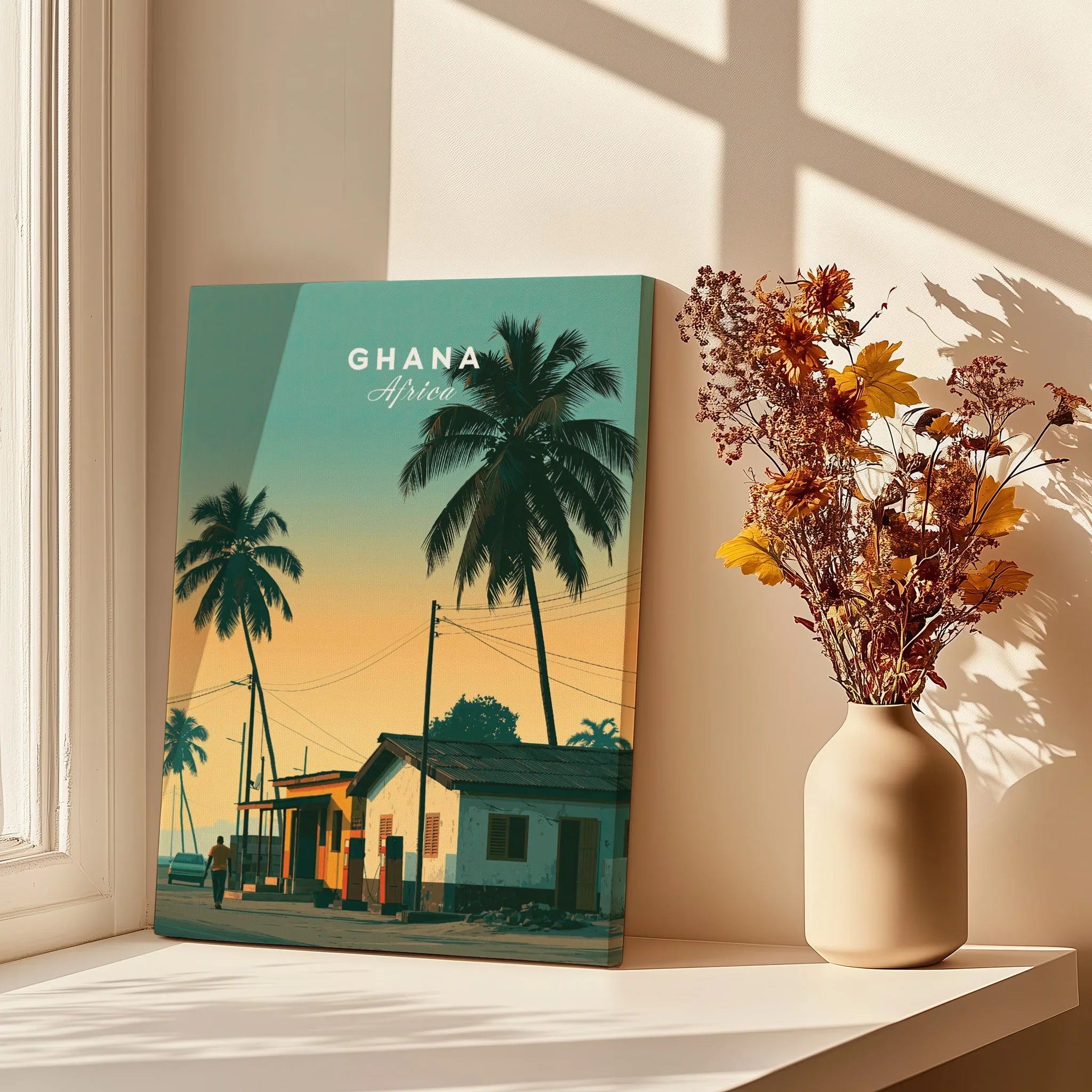 Ghana Palm Sunset Travel Poster — canvas print window setting with shadows flowers
