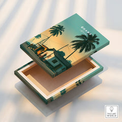 Ghana Palm Sunset Travel Poster — stretched canvas print floating detail mirror edge