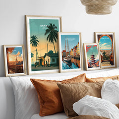 Ghana Palm Sunset Travel Poster — set five framed artprints above bed natural wood frames
