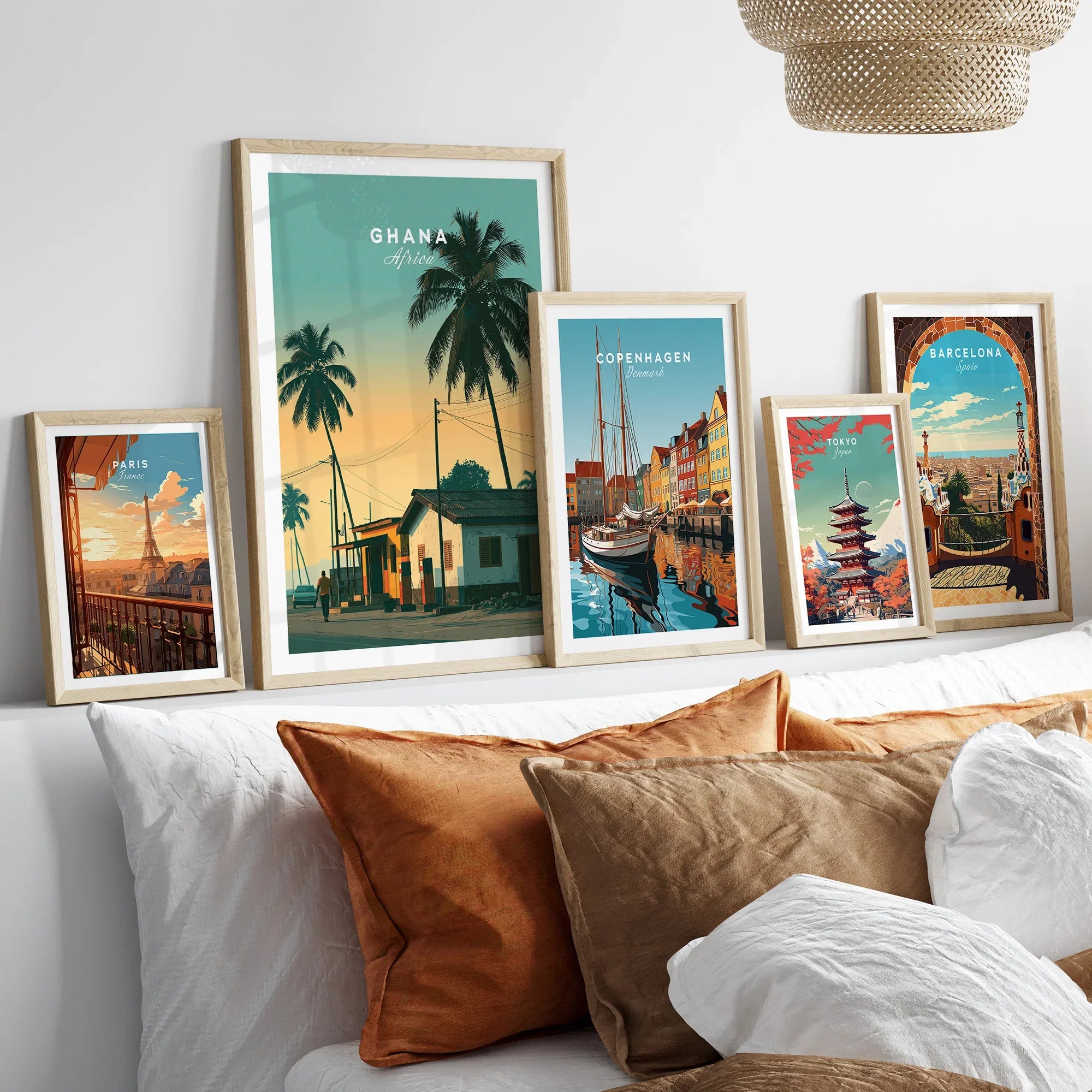 Ghana Palm Sunset Travel Poster — set five framed artprints above bed natural wood frames