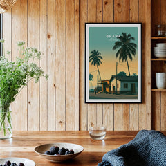 Ghana Palm Sunset Travel Poster — black framed art print kitchen setting