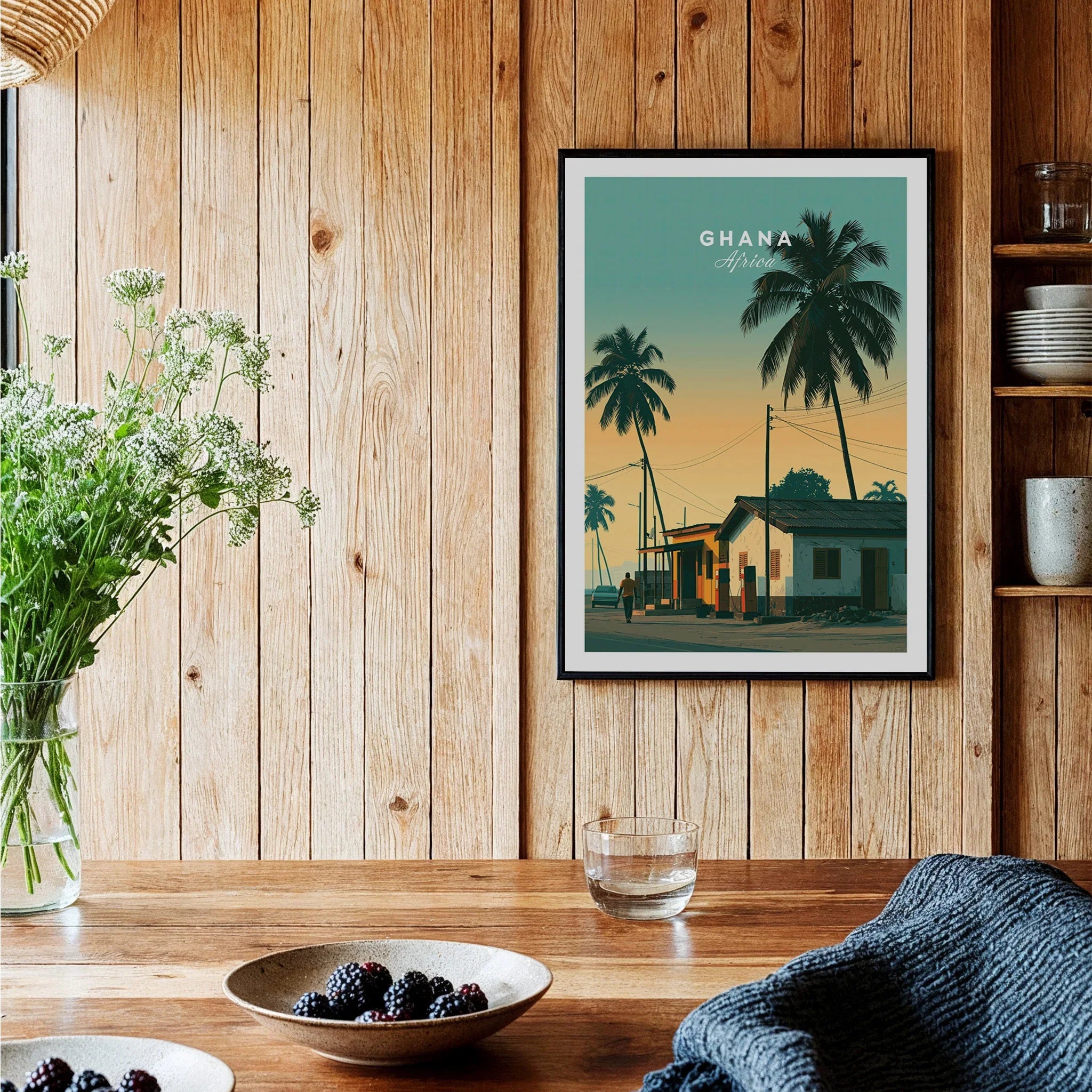Ghana Palm Sunset Travel Poster — black framed art print kitchen setting