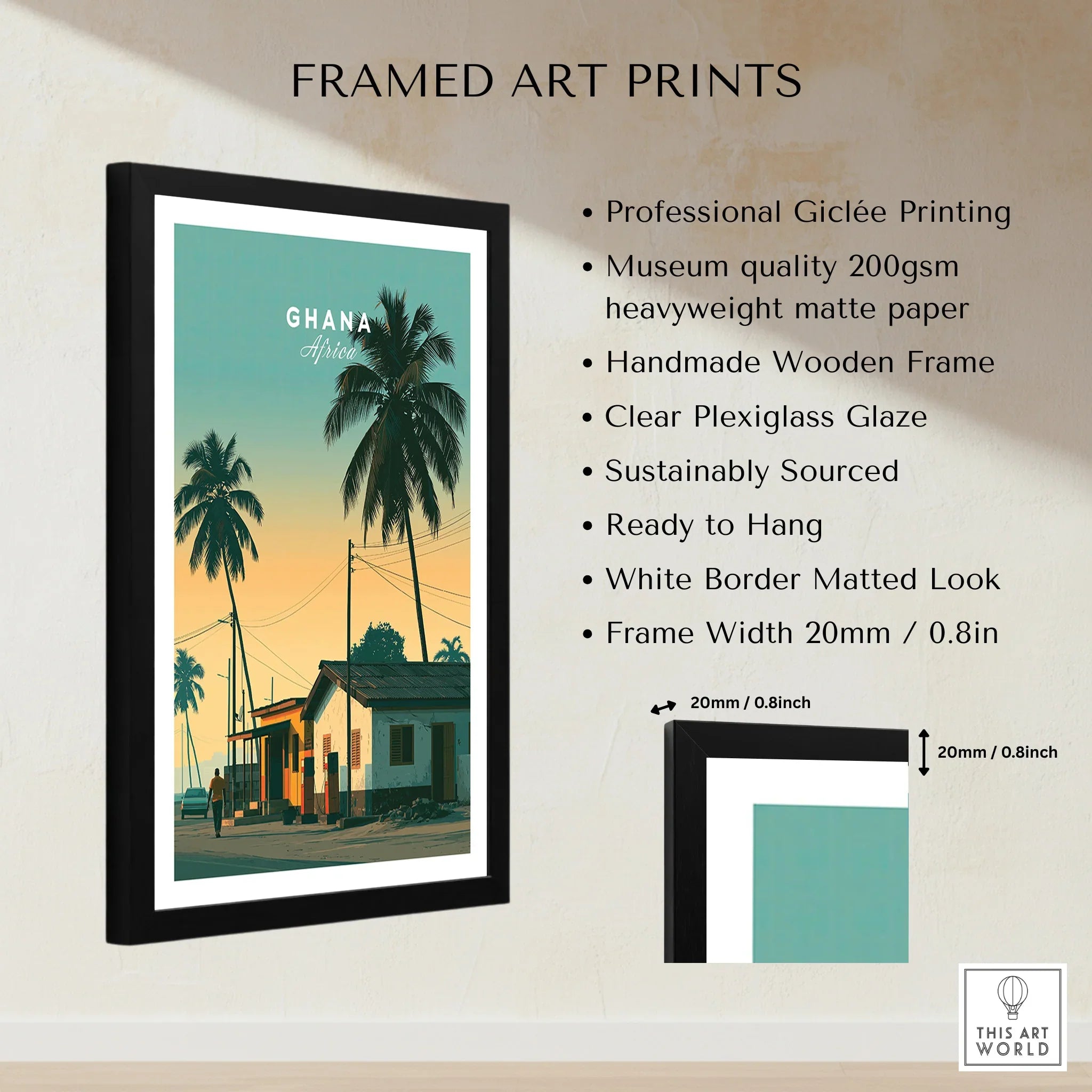 Ghana Palm Sunset Travel Poster — framed print details measurements quality details