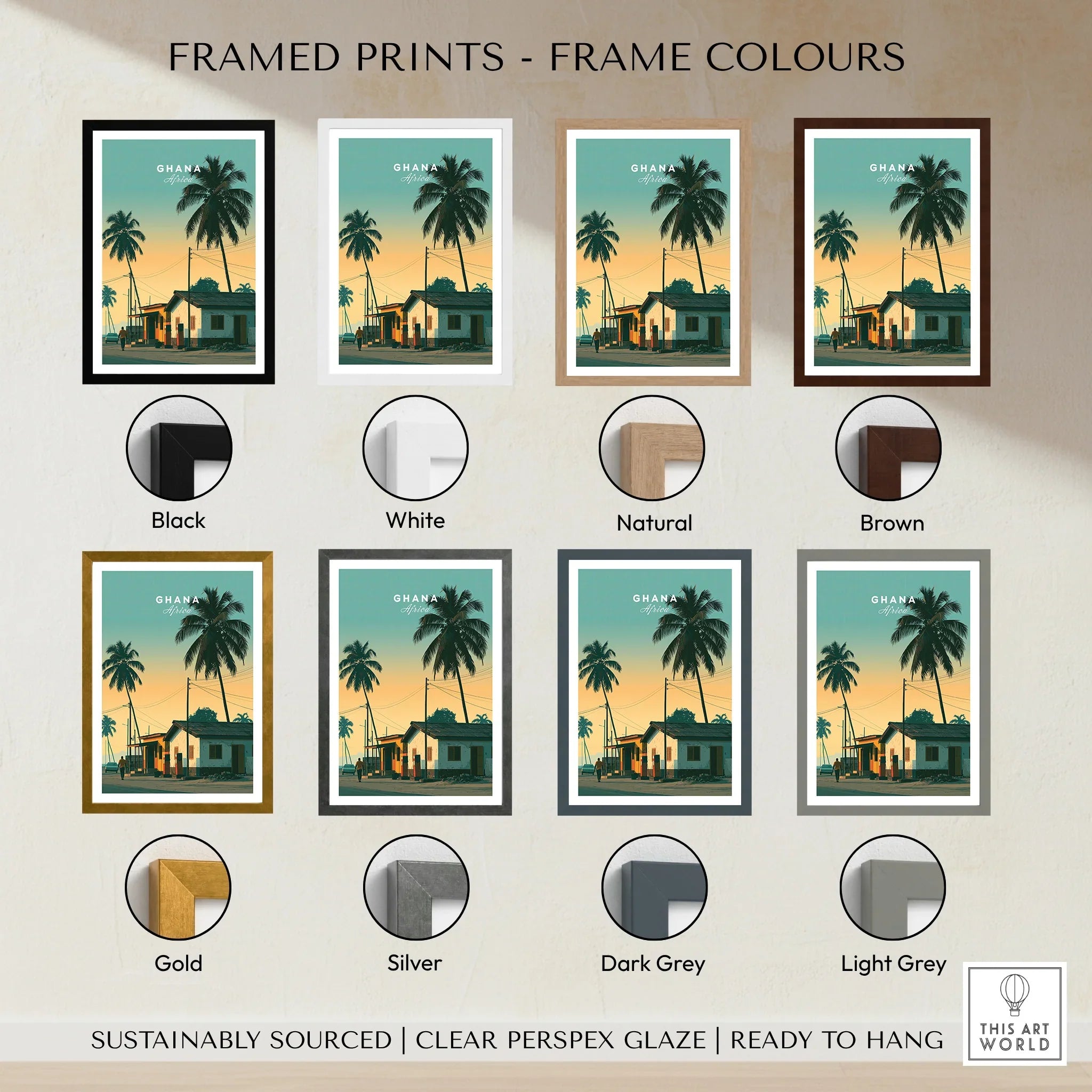 Ghana Palm Sunset Travel Poster — framed print colour options