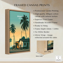 Ghana Palm Sunset Travel Poster — framed canvas float frame details quality