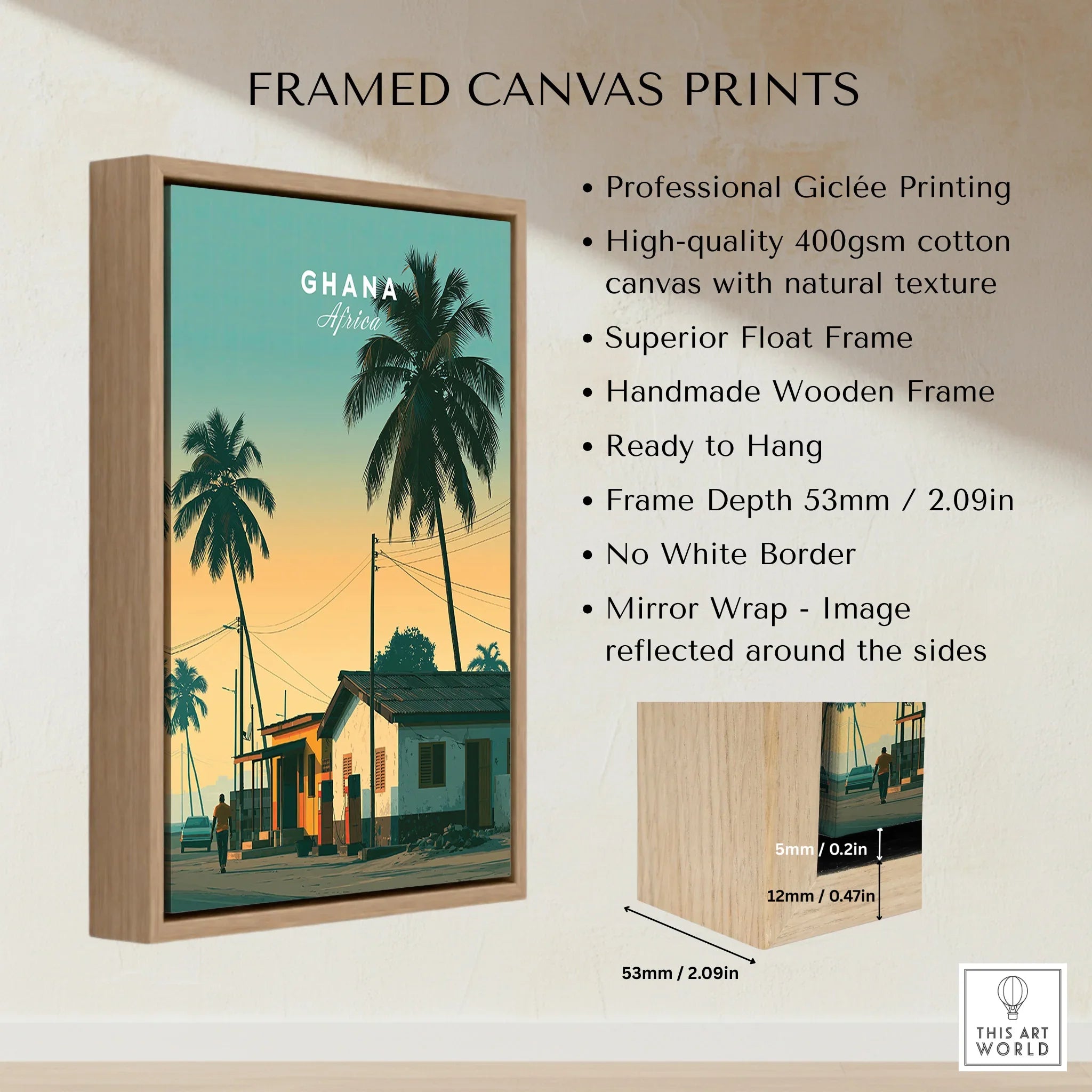 Ghana Palm Sunset Travel Poster — framed canvas float frame details quality