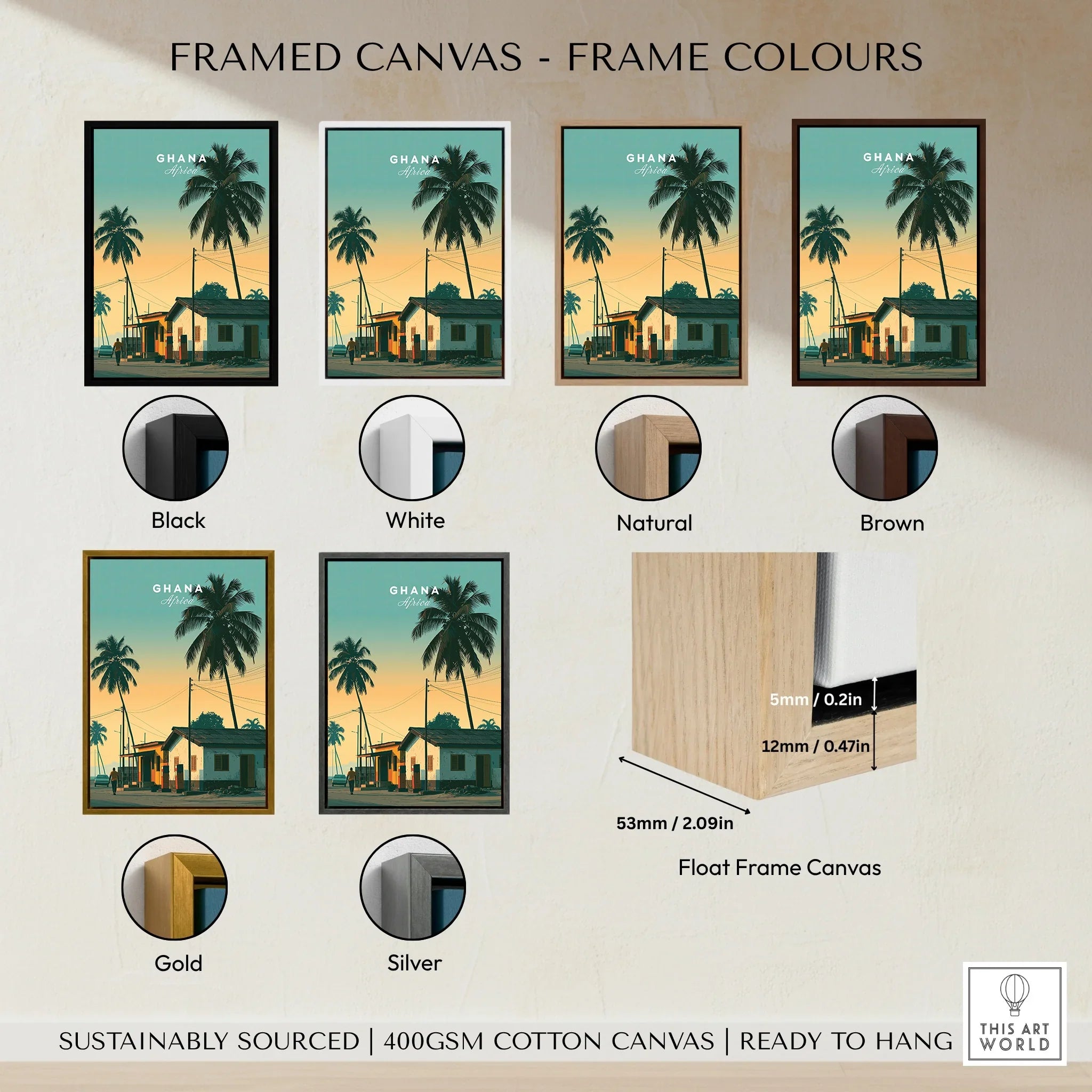 Ghana Palm Sunset Travel Poster — framed canvas float frame colour options
