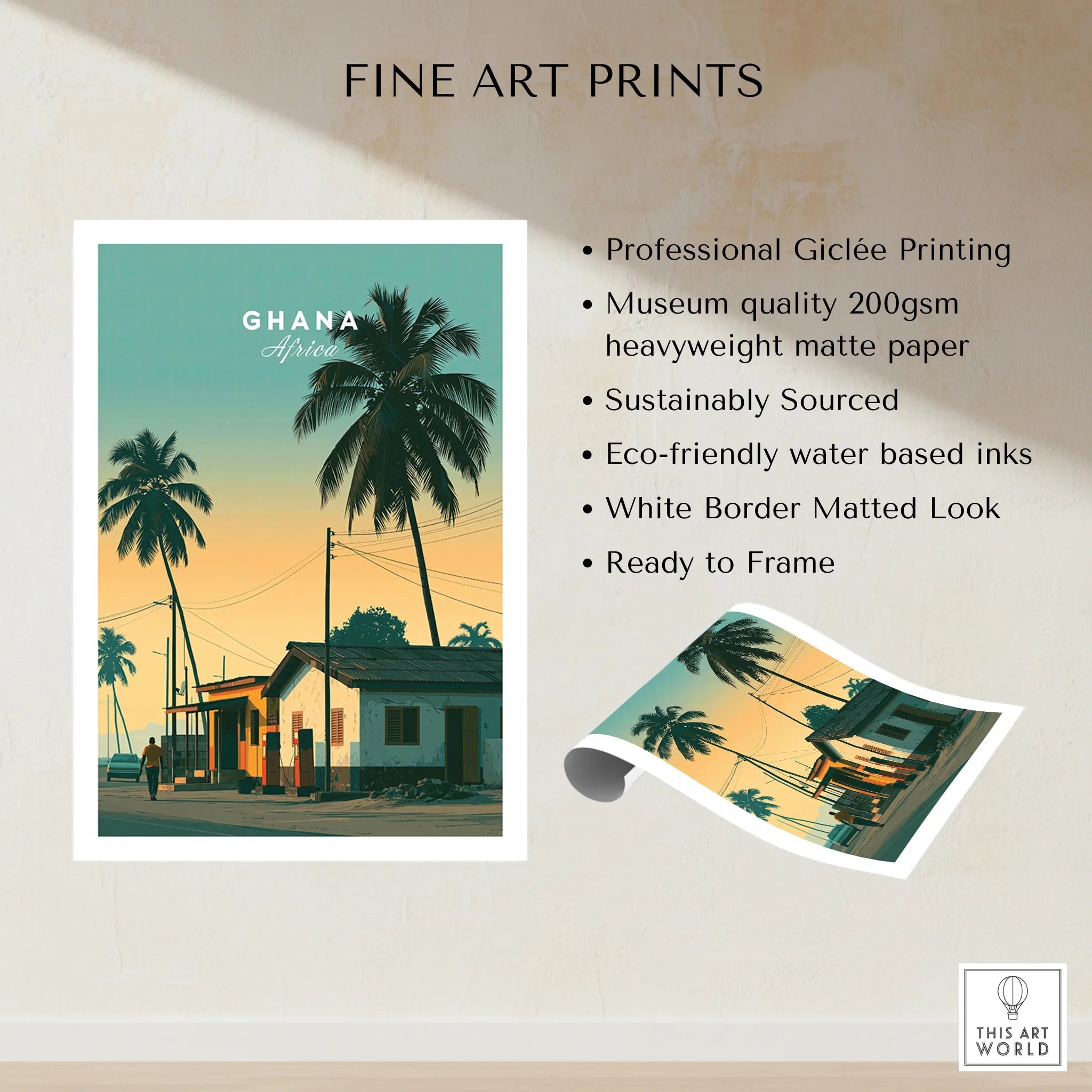Ghana Palm Sunset Travel Poster — fine art print unframed quality details
