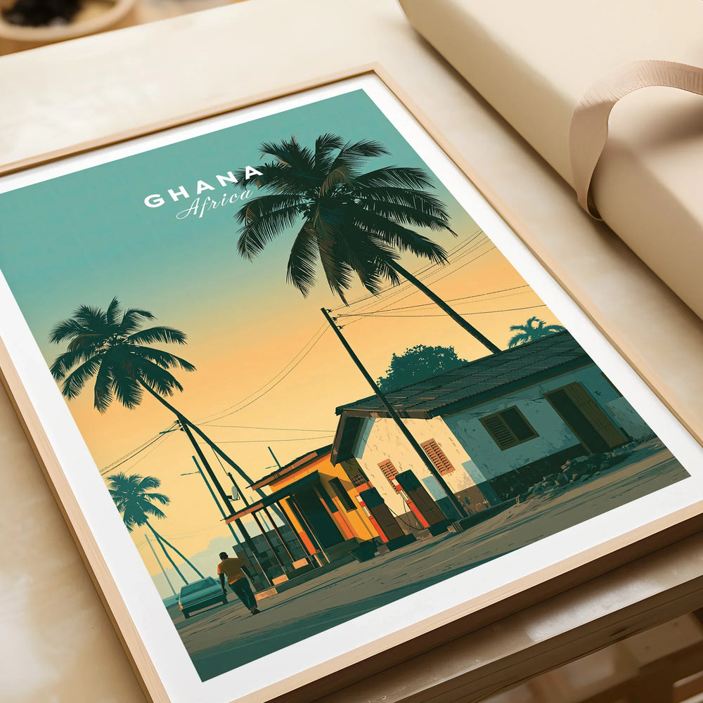 Ghana Palm Sunset Travel Poster — framed art print closeup gift unwrapped natural frame