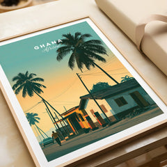 Ghana Palm Sunset Travel Poster — framed art print closeup gift unwrapped natural frame