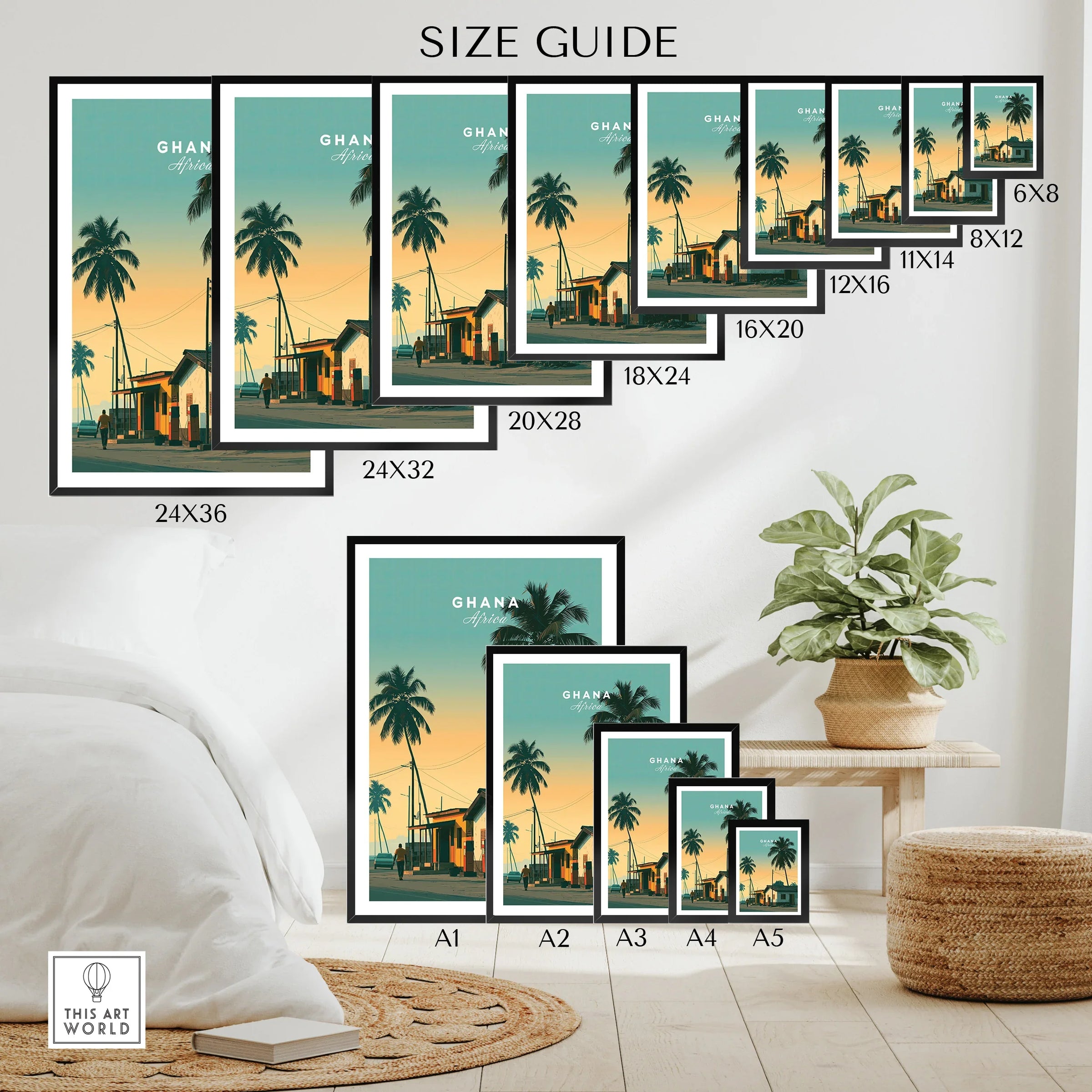 Ghana Palm Sunset Travel Poster — wall art poster size guide thisartworld