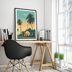 Ghana Palm Sunset Travel Poster — framed poster black frame on office desk modern